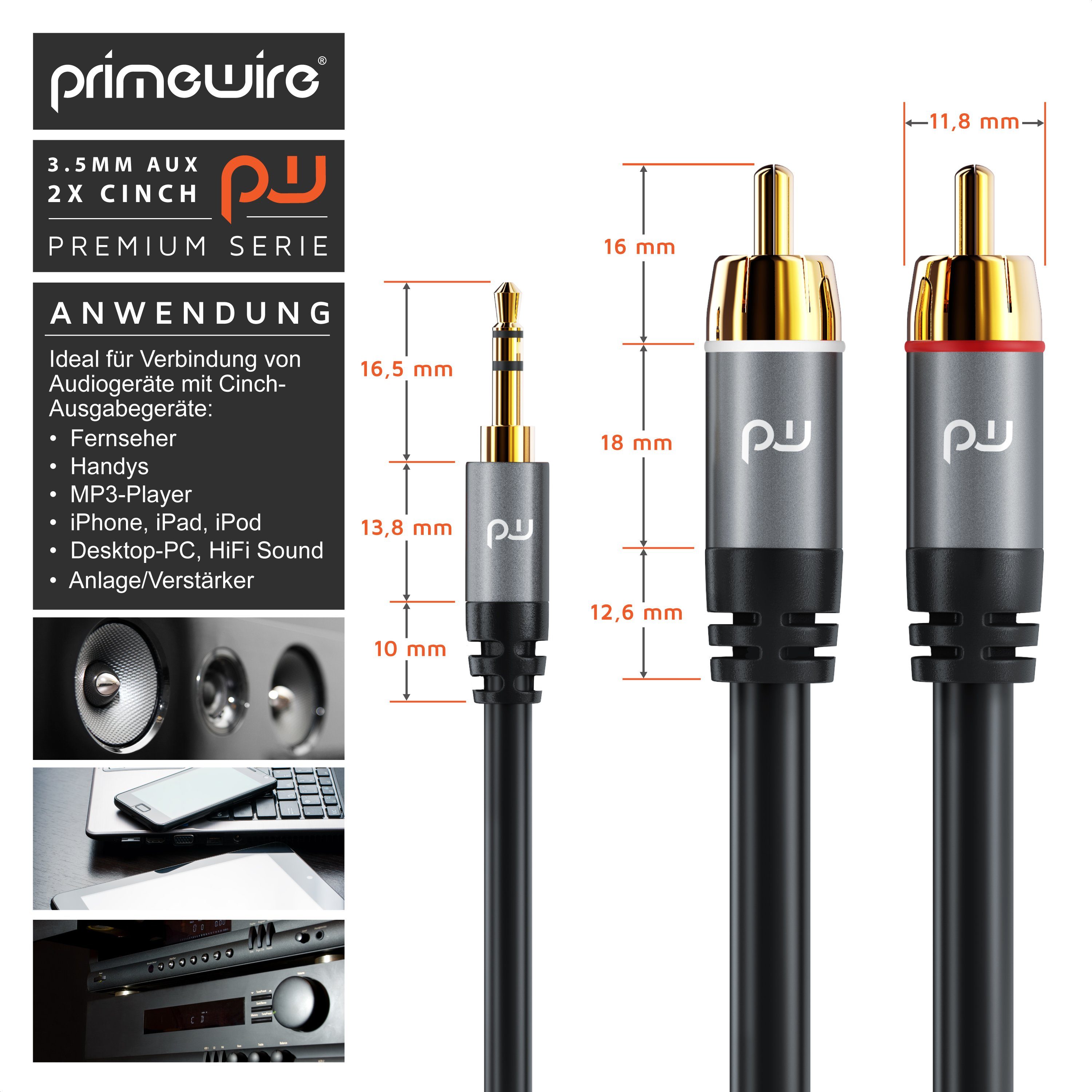 Primewire Audio-Kabel, RCA, AUX, Cinch, 3,5-mm-Klinke (100 cm), Stereo HiFi Audio-Adapter mehrfach geschirmt - 1m