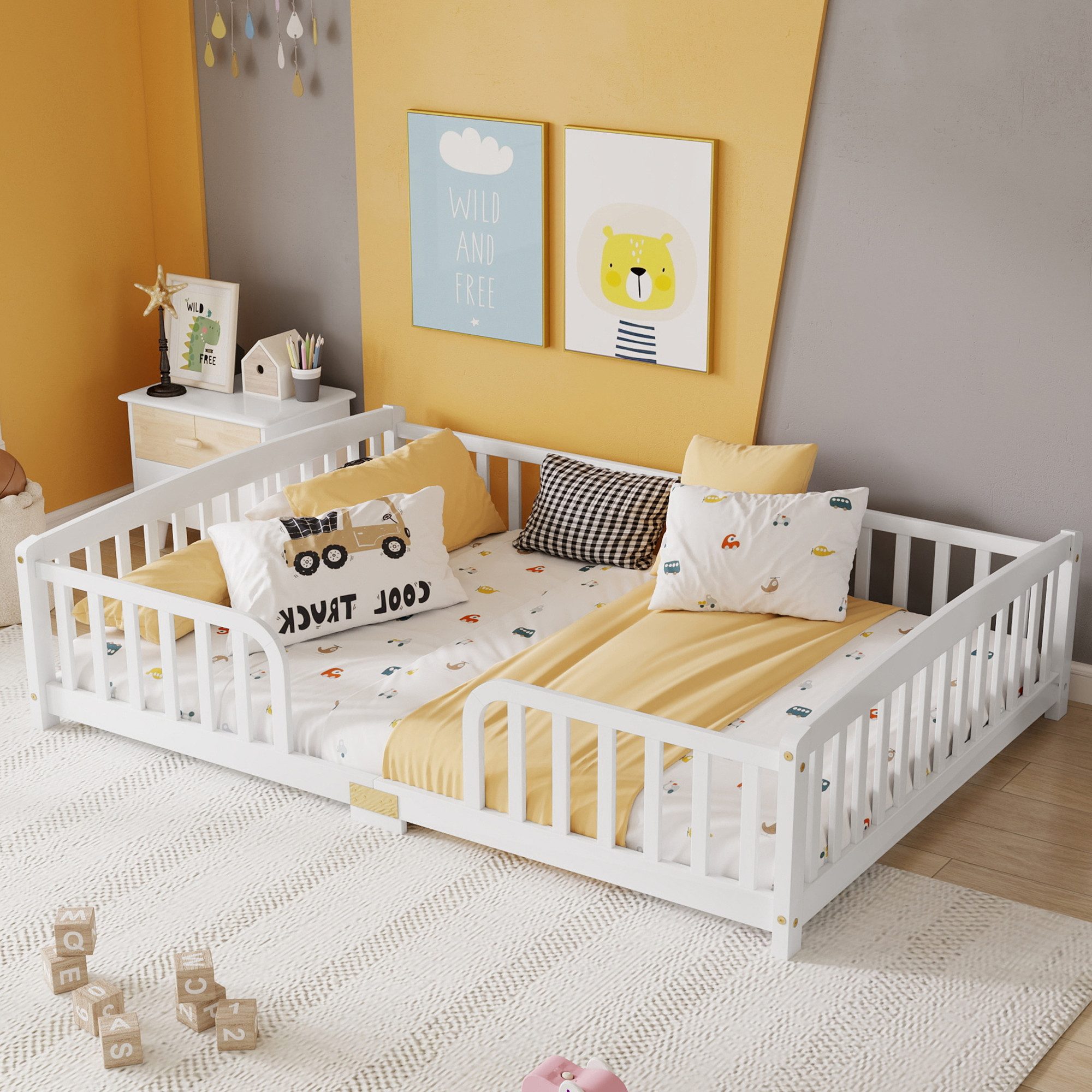 Celya Holzbett mit Sicherheitsgeländern (ohne Matratze, Zugangsöffnung mit abgerundeten Ecken, Einfache Montage), Geeignet für Schlafzimmer, Kinderzimmer, Jugendzimmer