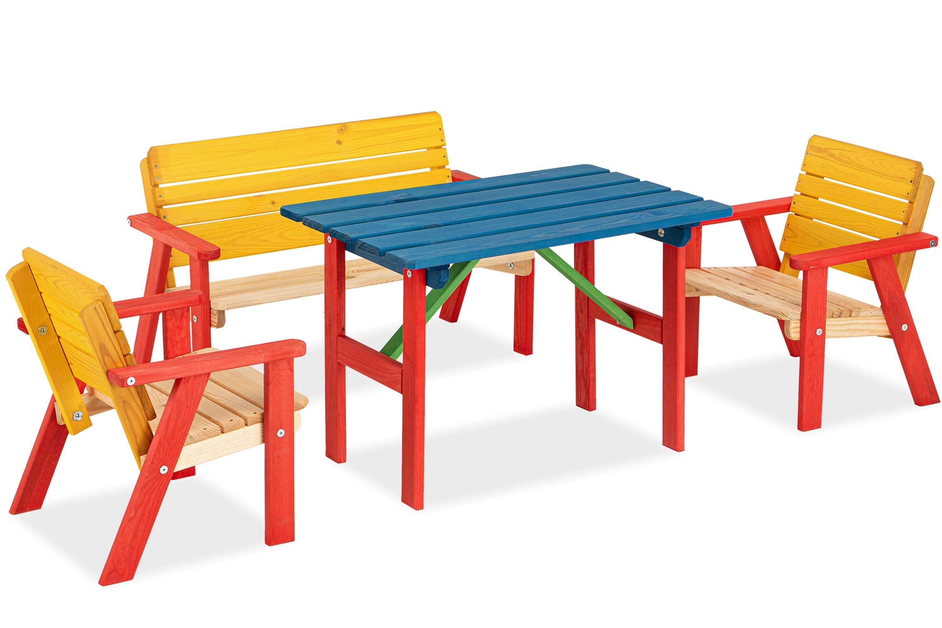 KONSIMO® Garten-Essgruppe PECARI Garten-Set für Kinder, hergestellt in der EU, (2x Крісла, 1x Tisch, 1x Sofa, 4-tlg), Kiefer-Massivholz, Europäisches FSC-Zertifikat, handgefertigt