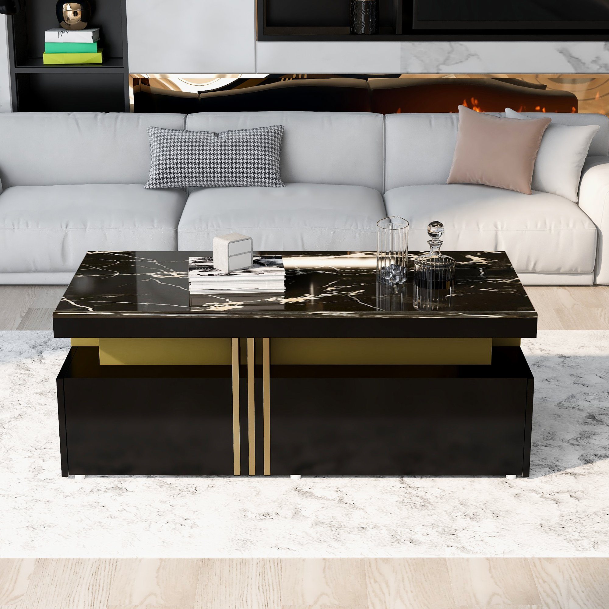 Merax Couchtisch mit Schubladen und Tischplatte in Marmoroptik, Beistelltisch aus Holz mit goldenen Dekor, Wohnzimmertisch Industrial – Bild 4 von 5