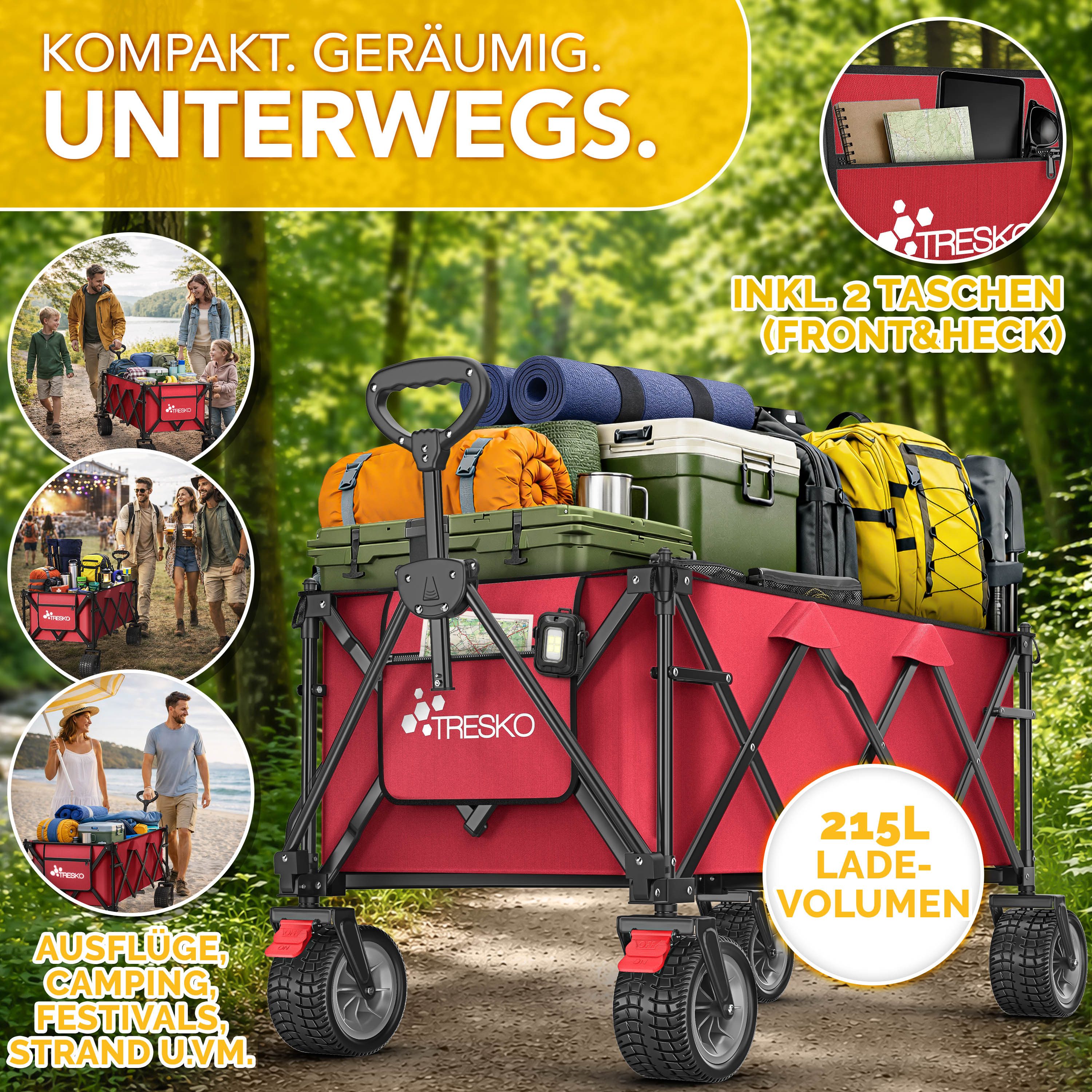 TRESKO Bollerwagen TRESKO® GV-215 Faltbarer Bollerwagen Handwagen (Faltbarer Strandwagen Extra Breite All-Terrain-Räder, Transportwagen mit Tragetasche), faltbar 215L mit Bremse Handwagen klappbar 150kg inkl. Vollgummireifen