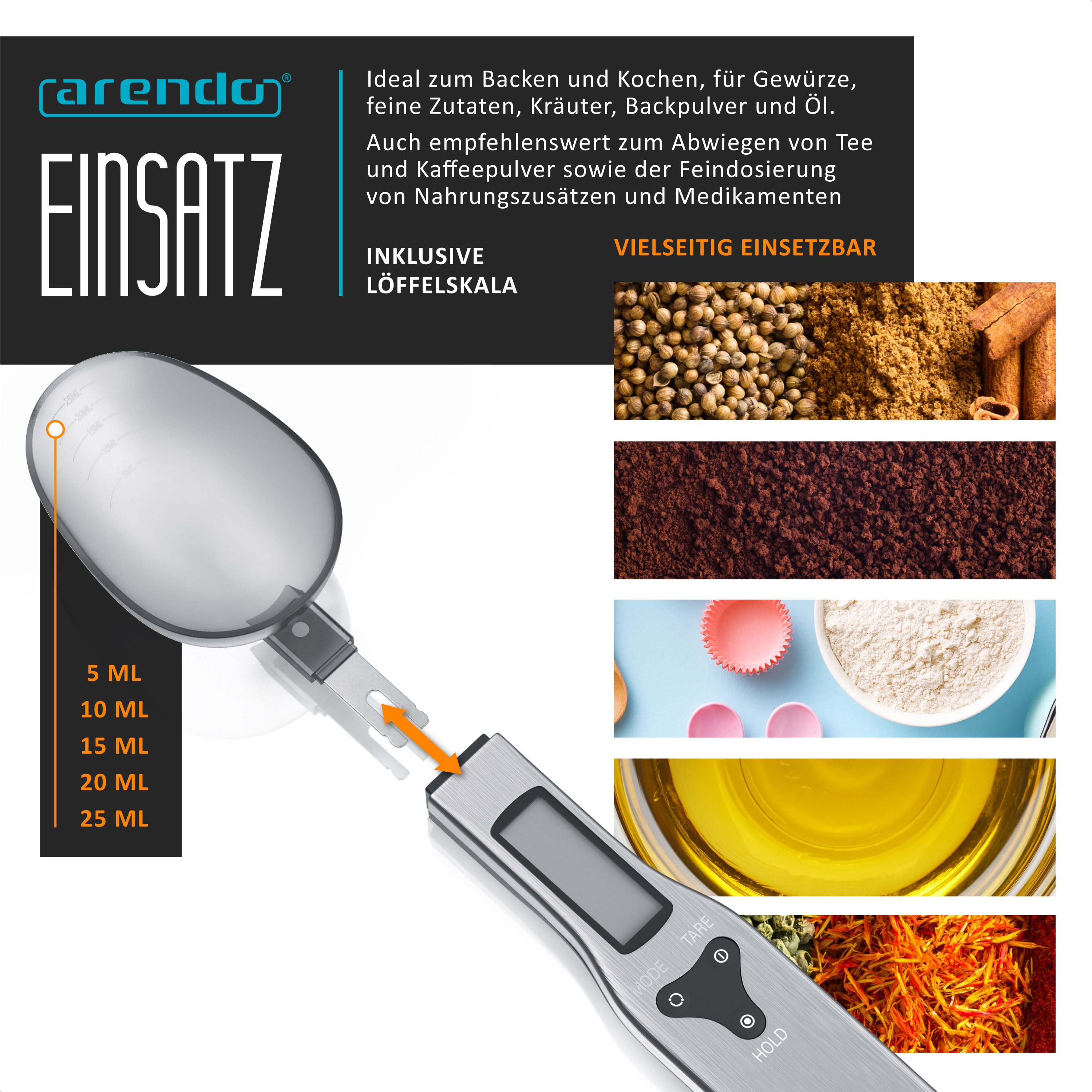 Arendo Löffelwaage Küchenwaage Feinwaage digital, 0,1 g, 1–500 g, LCD-Anzeige, aufhängbar, (1-tlg), kompakt, abnehmbarer Löffel, Abschaltautomatik 60 s, g/oz/gn – Bild 4 von 5