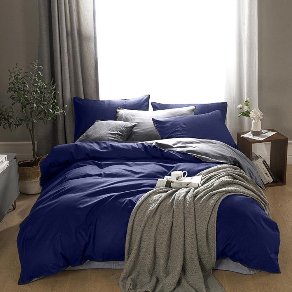 Bettwäsche Blau und Grau, KEAYOO, 2 teilig, Baumwolle, Mit Reißverschluss,  Wendebettwäsche, Weich und Grau