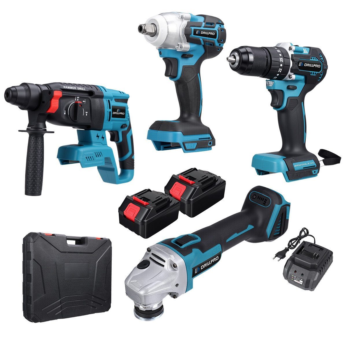 Insma Elektrowerkzeug-Set 4 IN 1 Multi Werkzeugsatz, 4-tlg., Schlagschrauber, Winkelschleifer, Bohrhammer & Bohrmaschine, Bürstenlosen Motoren, inkl. 2 Akkus und Koffer