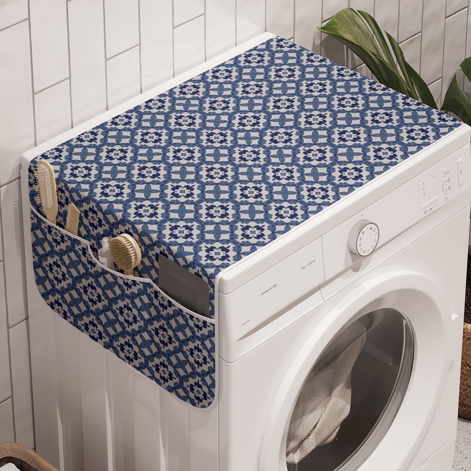 Waschmaschine Azulejo Trockner, Anti-Rutsch-Stoffabdeckung und Badorganizer für geometrisch Abakuhaus Mosaik-Muster