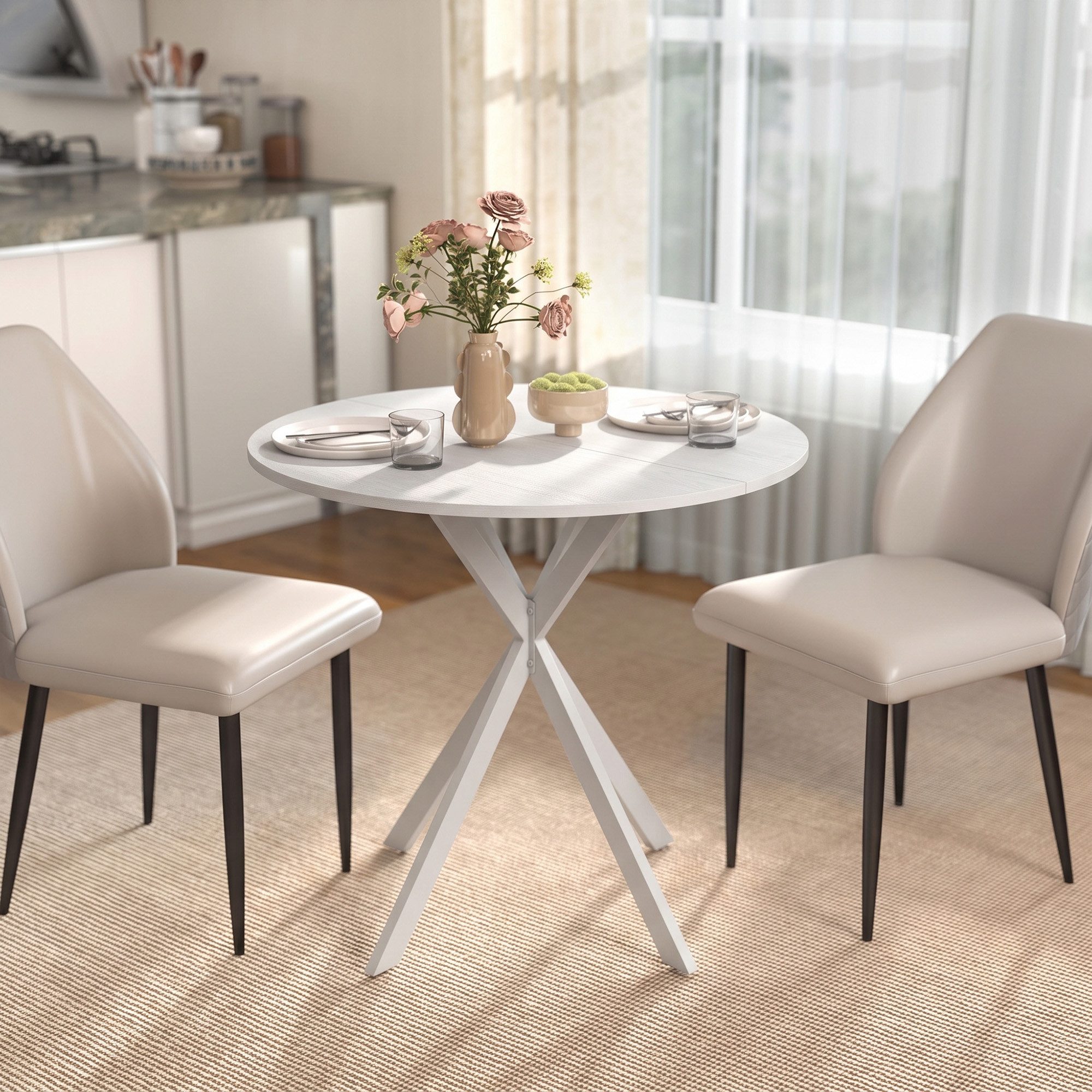 HOMCOM Esstisch Küchentisch im Industriestil mit Stahlbeinen für 2 Personen (für Esszimmer, Küche, Wohnzimmer, 1-St., rund, 80 x 80 x 75 cm), Weiß