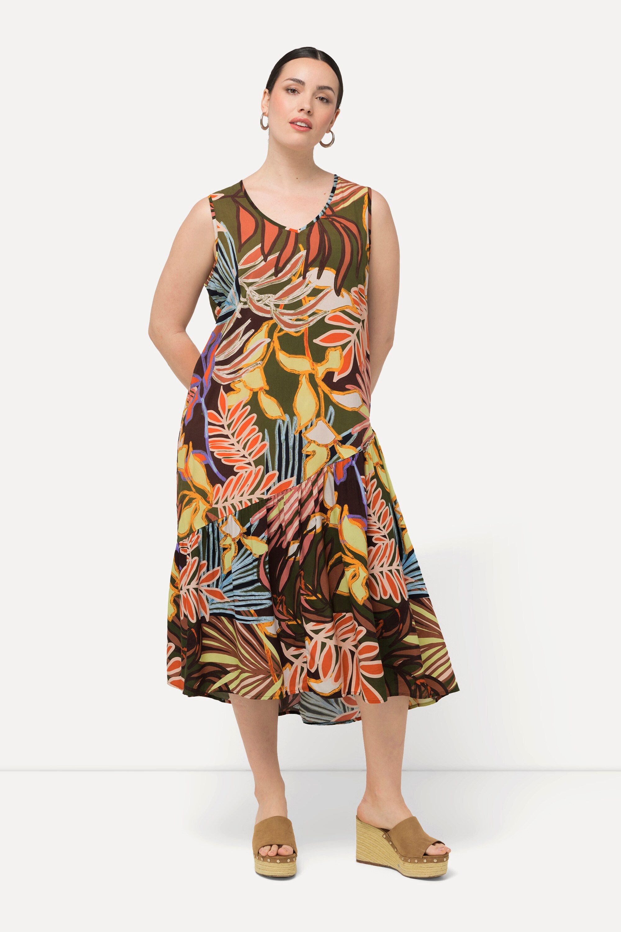 Maxikleid Kleid Blätter Volantsaum V-Ausschnitt ärmellos