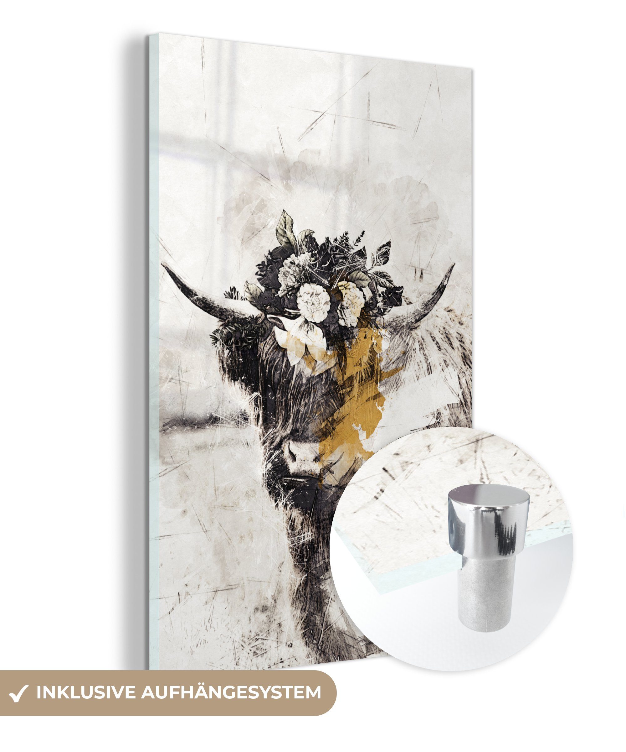 MuchoWow Acrylglasbild Schottischer Highlander - Blumen - Schwarz - Weiß, (1 St), Glasbilder - Bilder auf Glas Wandbild - Foto auf Glas - Wanddekoration bunt