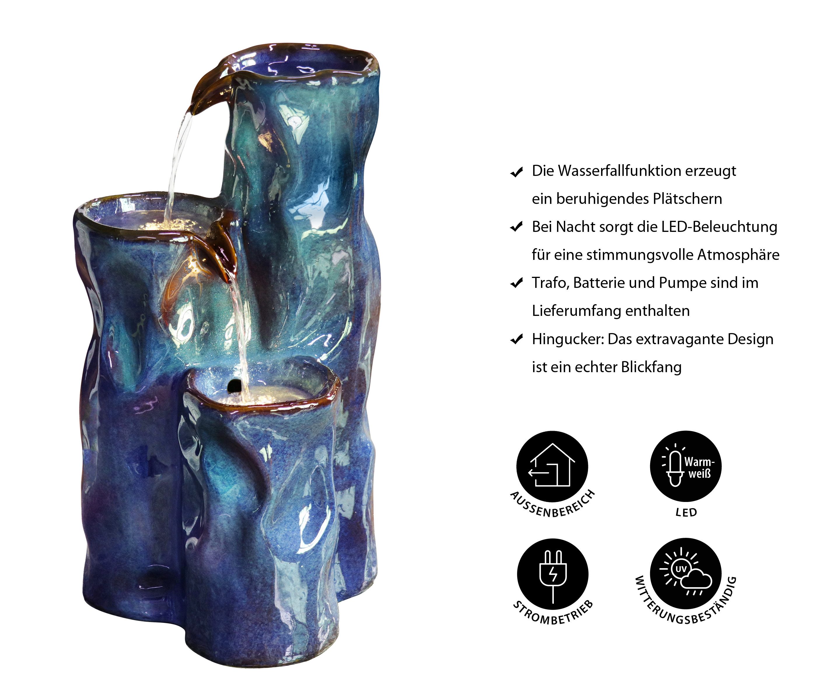 Dehner Gartenbrunnen Corso, mit LED Beleuchtung, 38 x 34 x 64.5 cm, Keramik, 38 cm Breite, frostbeständig, solarfähiges Wasserspiel, inkl. Pumpe / Trafo