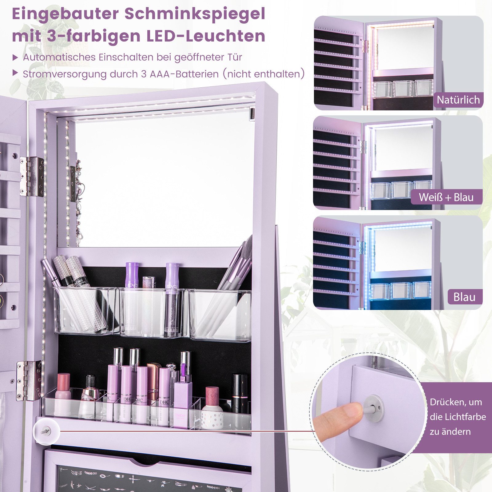 COSTWAY Schmuckschrank mit Ganzkörperspiegel & LED stehend, drehbar, abschließbar