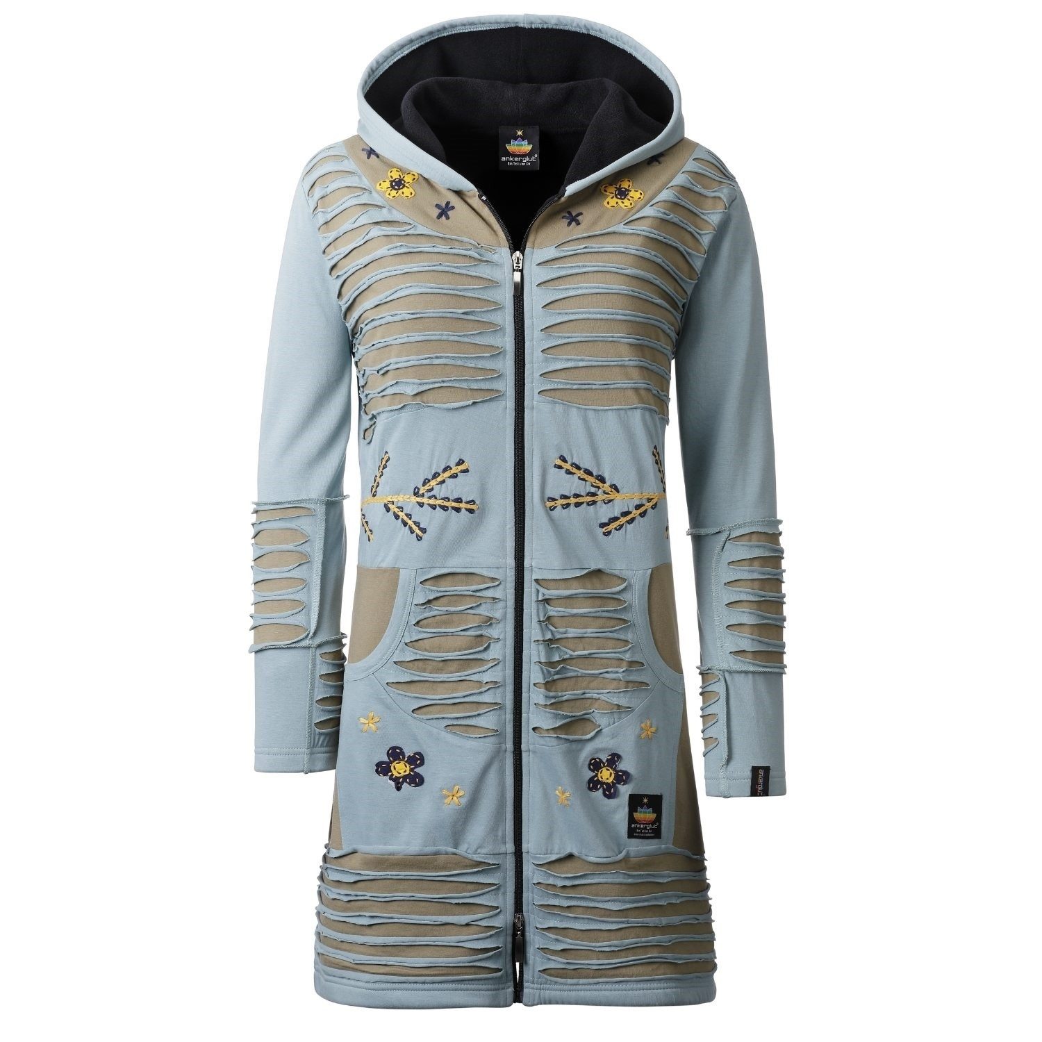 ankerglut Funktionsjacke Ankerglut Stern Damen Patchwork Mantel / Long Jacke + Große Größen Warme Patchworkjacke mit Fleecefutter und Kapuze