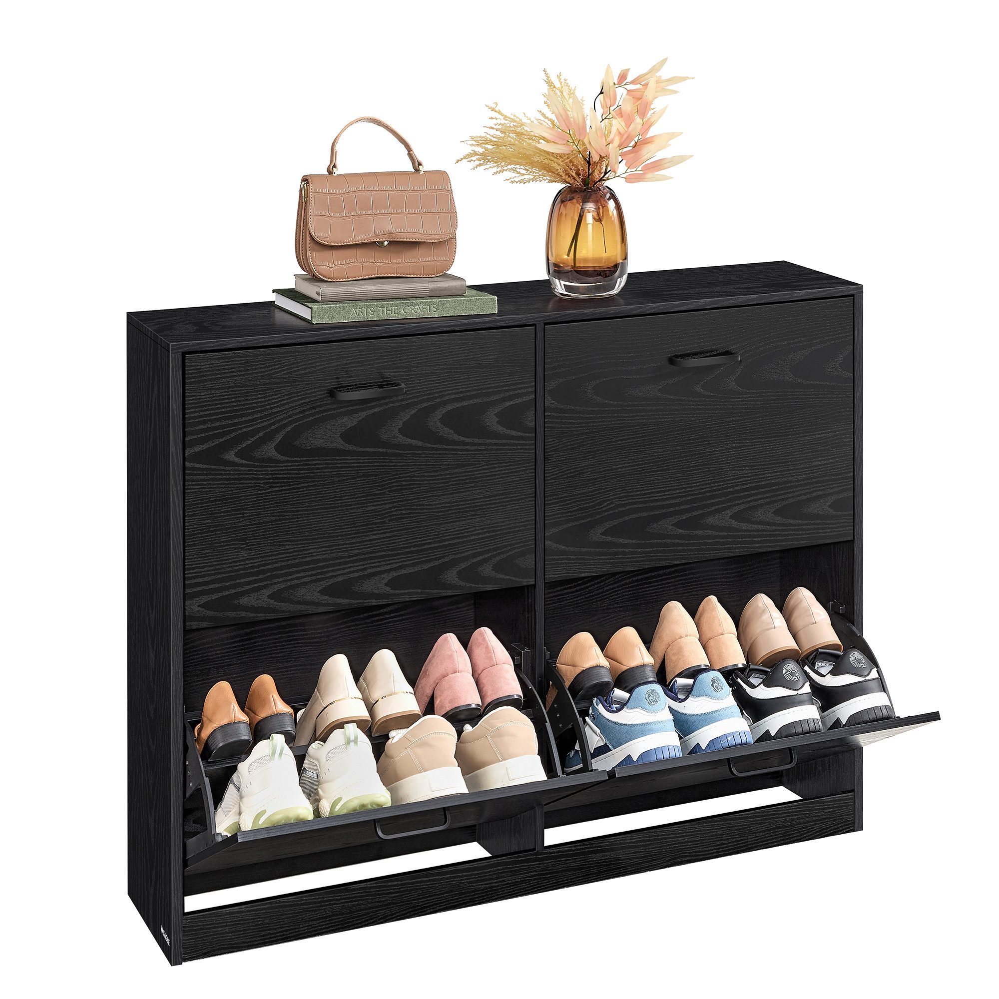 VASAGLE Schuhschrank 4 Klappen, Schuhkipper, Schuhregal, Flur, 24 x 105,5 x 82,7 cm Trennwand verstellbar, für 16-28 Paar Schuhe, ebenholzschwarz