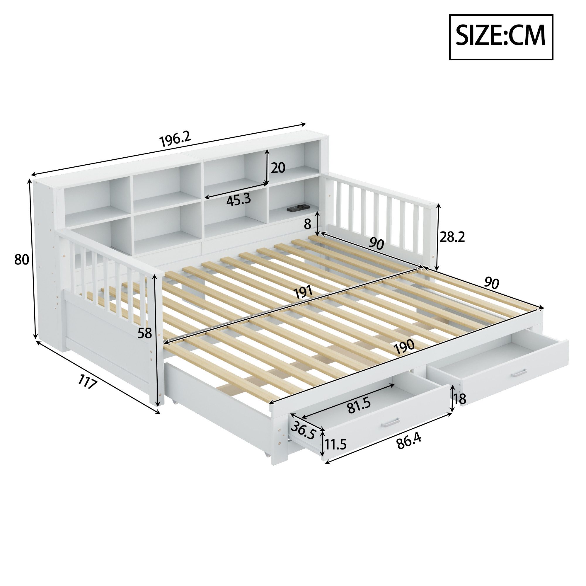 Merax Daybett 90/180x190cm mit USB-Ladeanschluss (1 tlg), Ausziehbares Schlafsofa Kinderbett mit Ablagefächern und 2 Schubladen – Bild 4 von 5