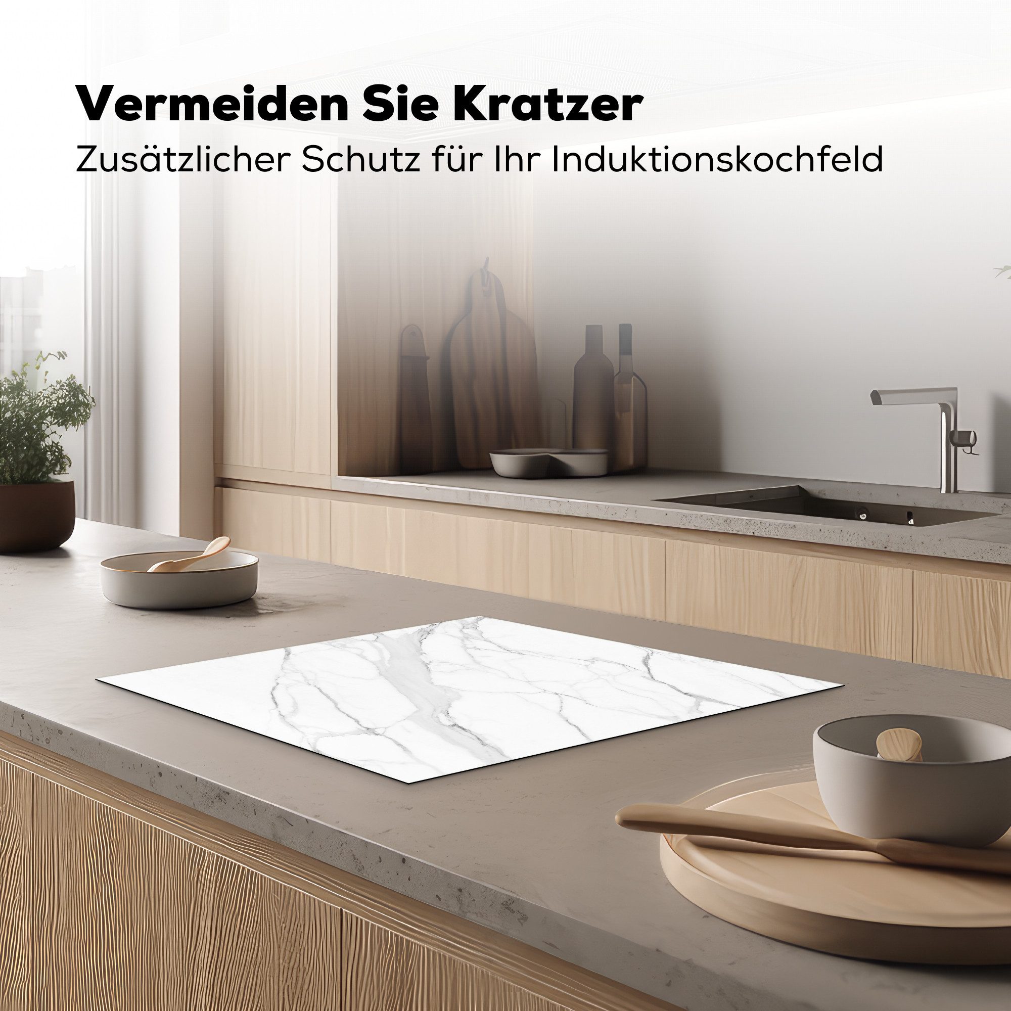 MuchoWow Herd-Abdeckplatte Marmor - Weiß - Linie - Muster - Luxus - Marmoroptik/print, Vinyl, (1 tlg), Cerankochfeld Abdeckung, Herd Abdeckplatten Vinyl, 58.3x51.3 cm