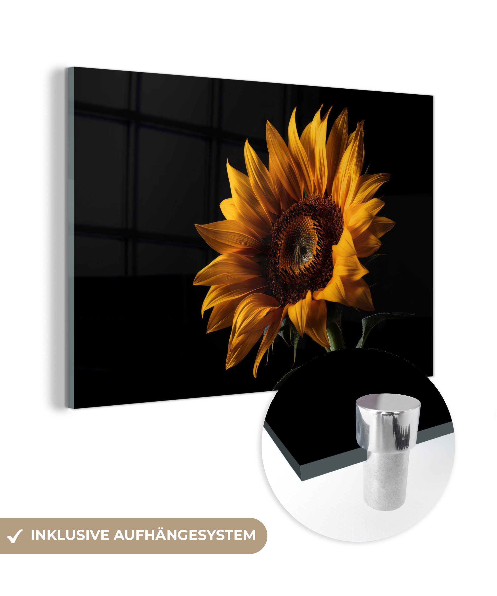 MuchoWow Acrylglasbild Blumen - Botanisch - Schwarz - Sonnenblume, (1 St), Glasbilder - Bilder auf Glas Wandbild - Foto auf Glas - Wanddekoration