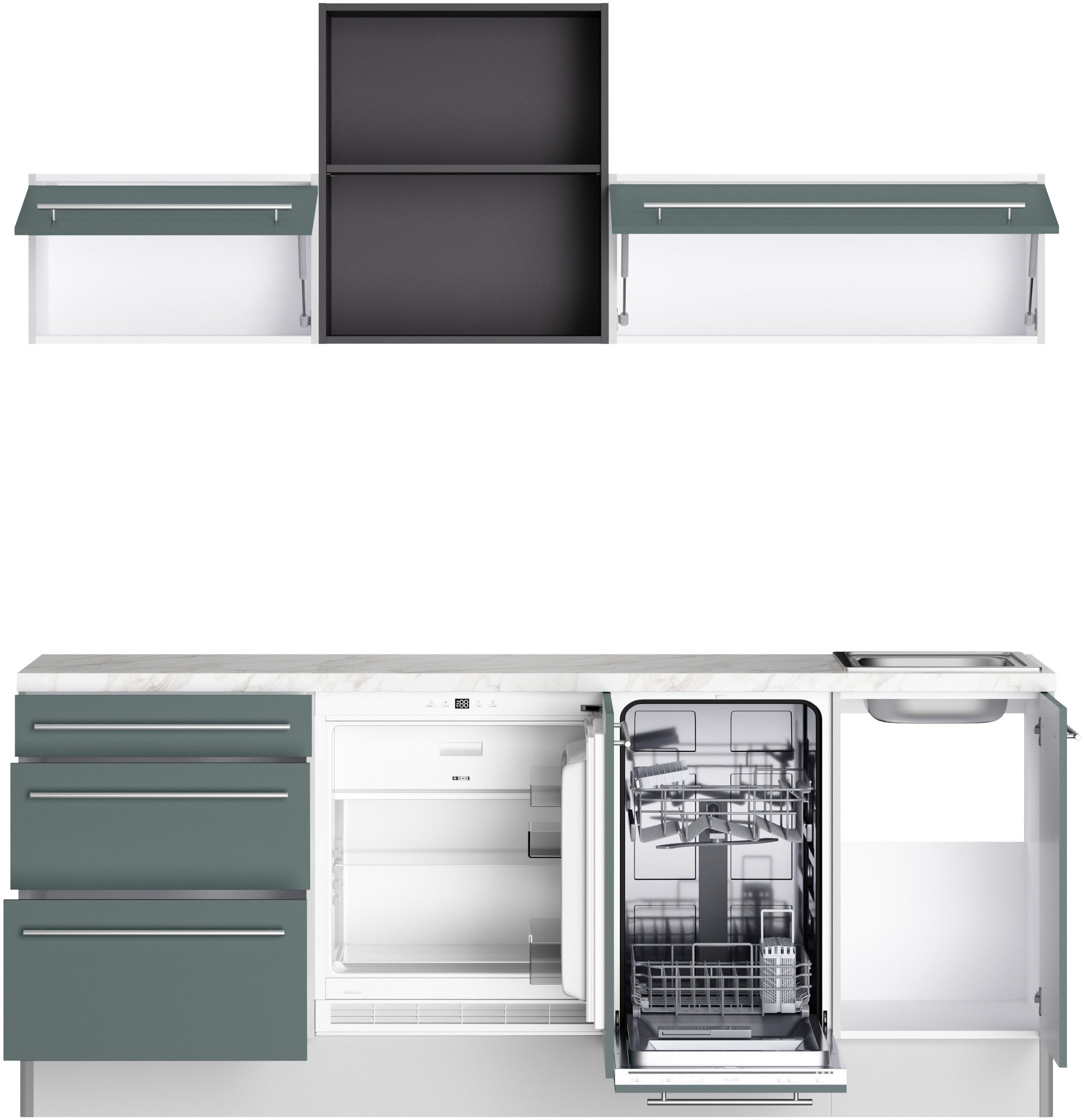 KOCHSTATION Küche KS-Bern2, Breite 210 cm, wahlweise mit E-Geräten, mit Regal