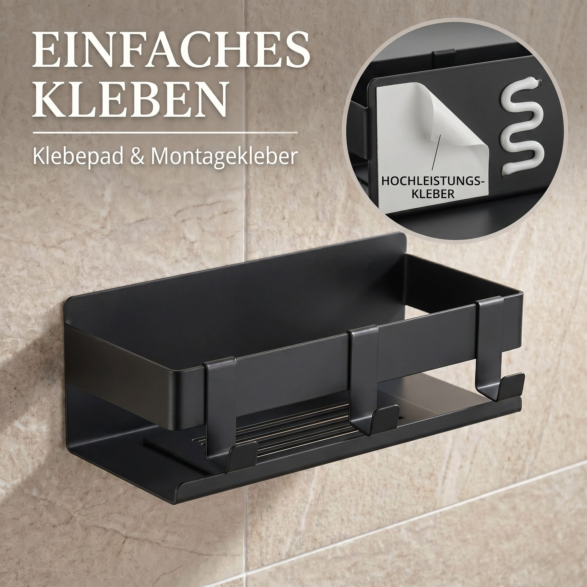 DEKAZIA Duschablage ohne Bohren, Selbstklebender Duschkorb, Duschregal Edelstahl, selbstklebend, 5 Farben erhätlich, inkl. Klebeset & 3 Haken, Badezimmerregal, Bad Regal,Aufbewahrung Bad, Duschzubehör