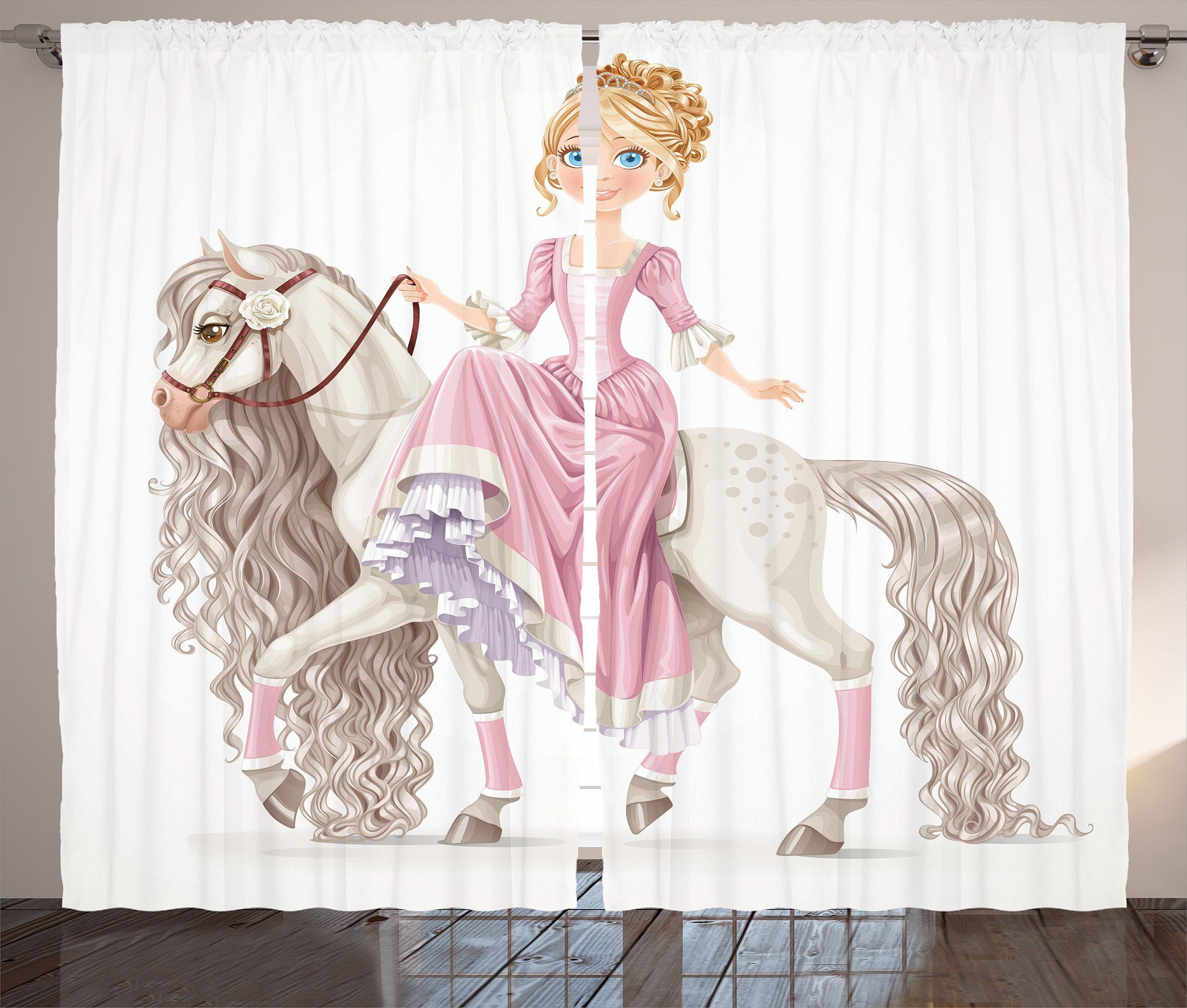 Gardine Schlafzimmer Kräuselband Vorhang mit Schlaufen und Haken, Abakuhaus, Feminin Prinzessin auf weißem Pferd