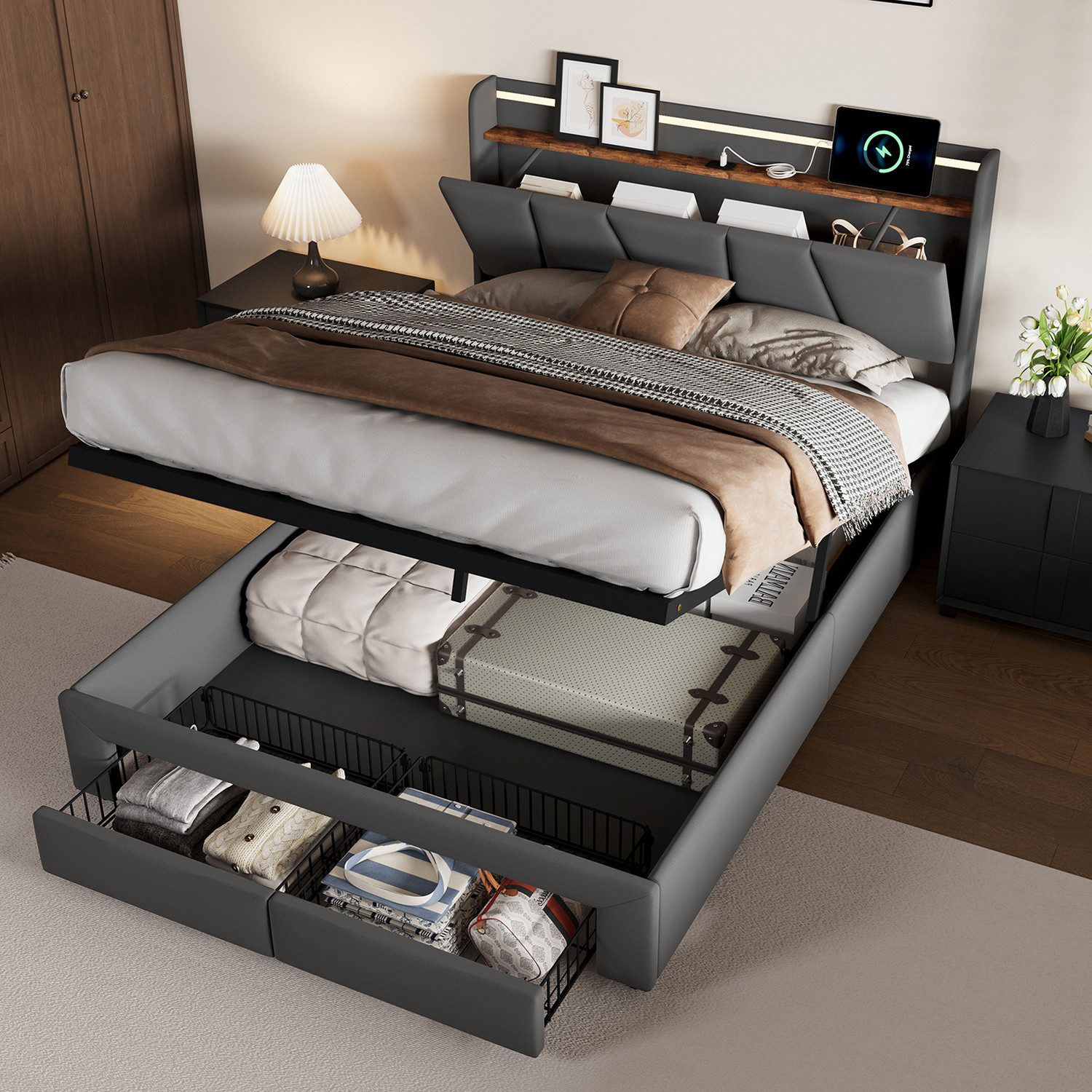 ADWOLT Polsterbett Stauraumbett Doppelbett Polsterbett mit Schubladen (1-tlg., Jugendbett), 140x200 cm,LED-Beleuchtung und USB-Ladefunktion,Grau,Leinenstoff
