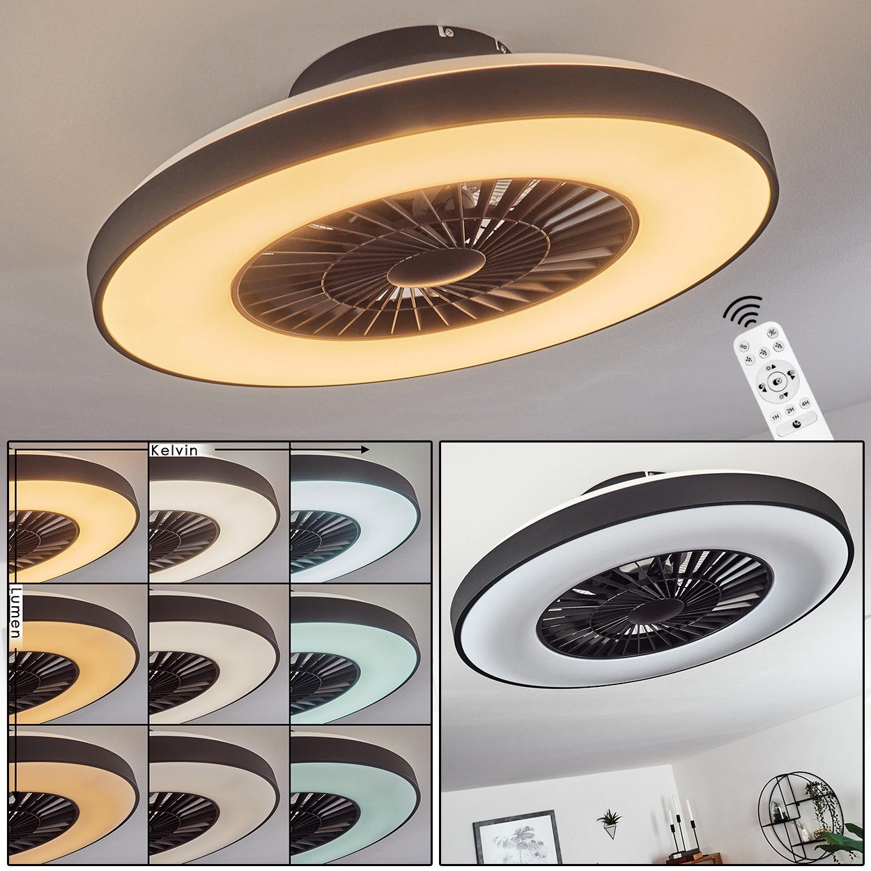 hofstein Deckenventilator »Lizzanello« Deckenlampe, Deckenventilator, Kunststoff, Schwarz, Weiß