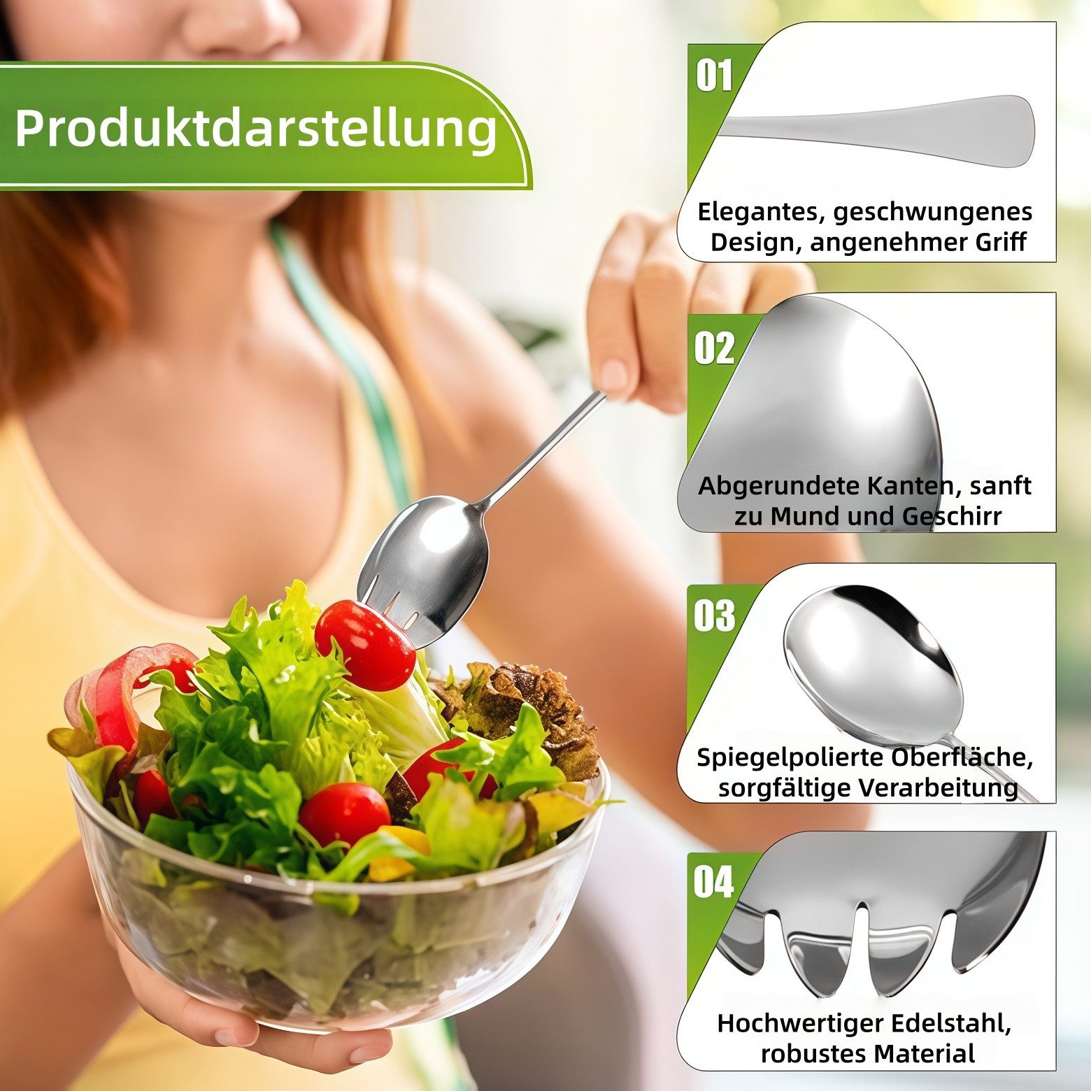 FOUORTUNATE-BEE Salatbesteck 2-teiliges Salatbesteck aus Edelstahl mit langem Griff (2-tlg) – Bild 3 von 5