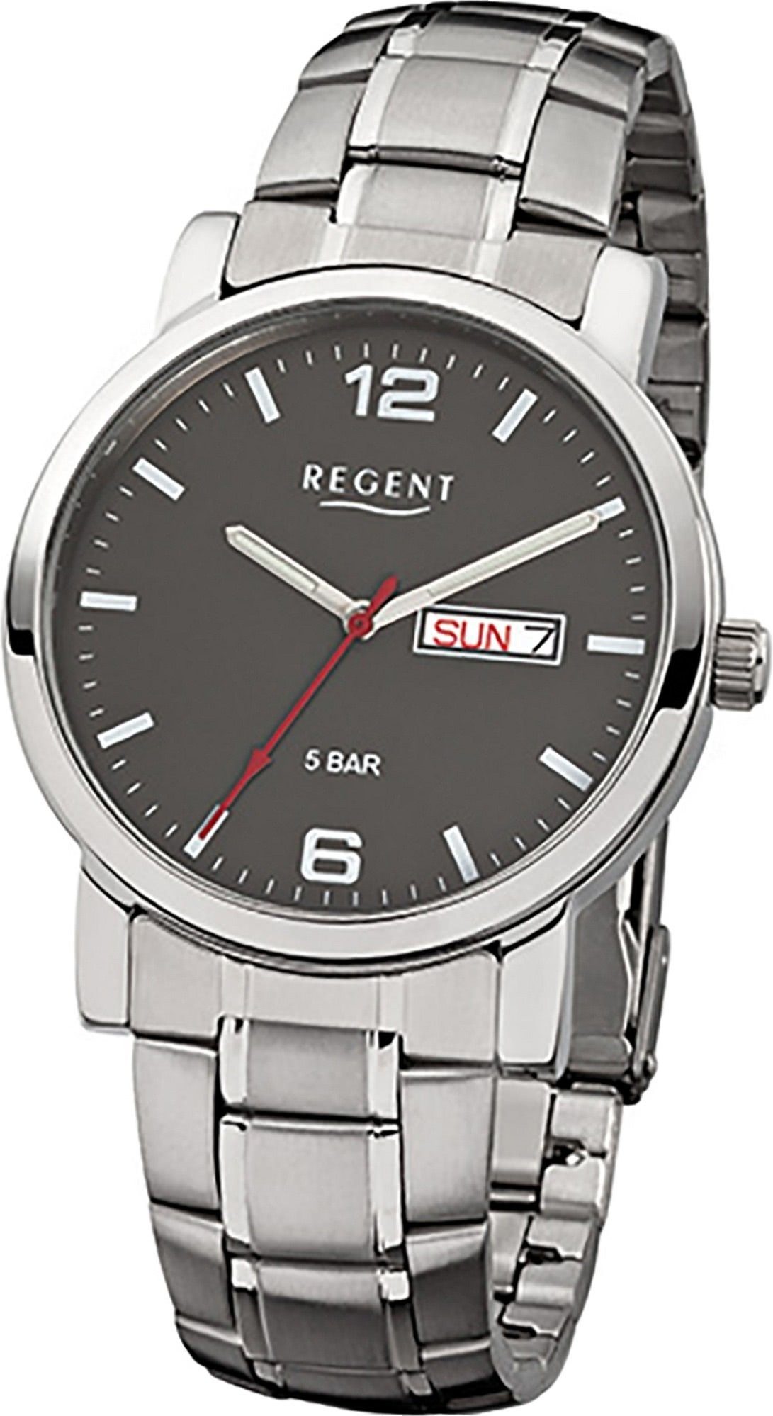 Regent Quarzuhr Regent Stahl Herren Uhr F-781 Quarzuhr, Herrenuhr Edelstahlarmband silber, rundes Gehäuse, mittel (ca. 39mm)