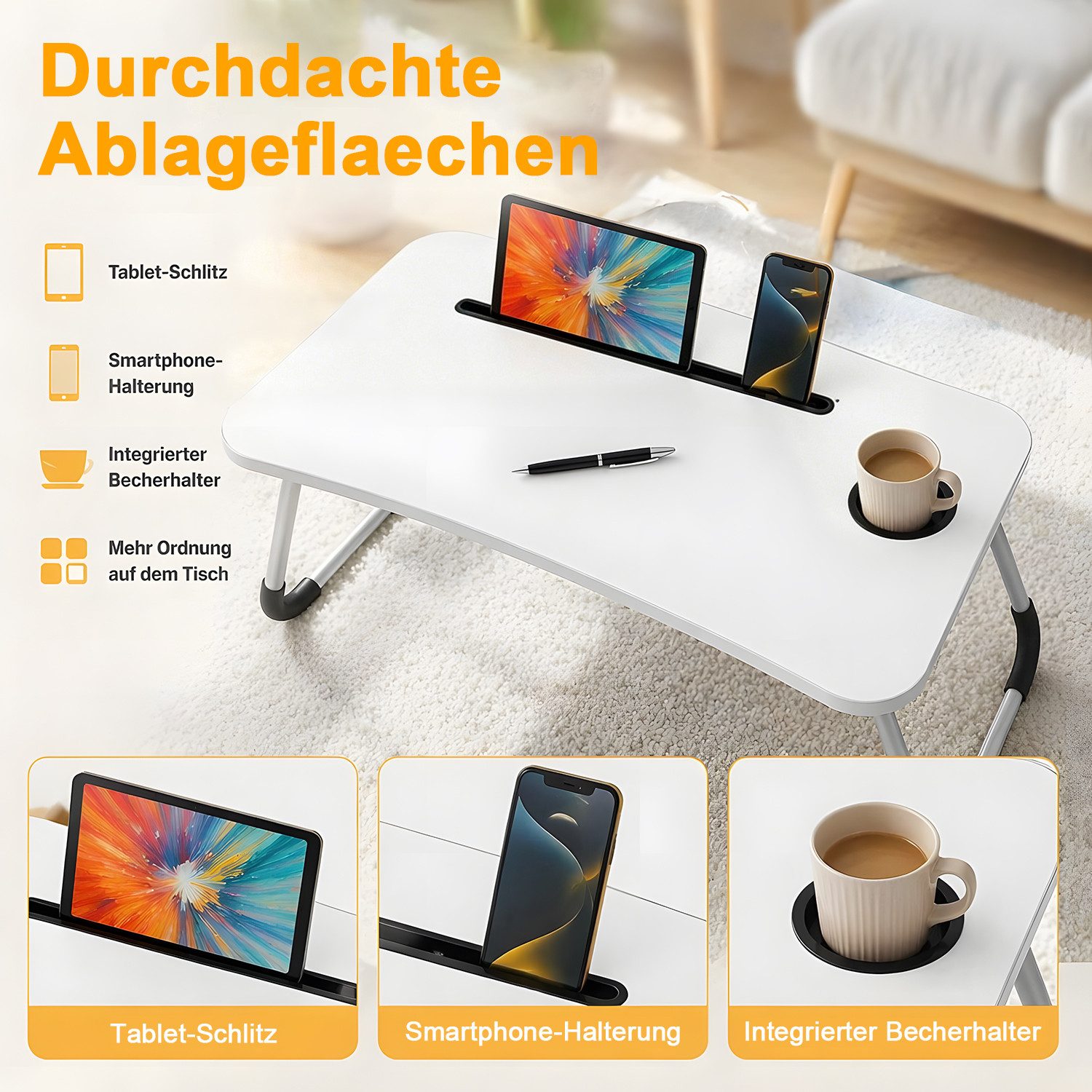 HEYHIPPO Laptoptisch Klappbarer Laptoptisch 60×40 cm,mit Getränkehalter & Tablet-Slot, weiß (Packung, Ergonomischer Betttisch, platzsparend, für Homeoffice, Les – Bild 5 von 5
