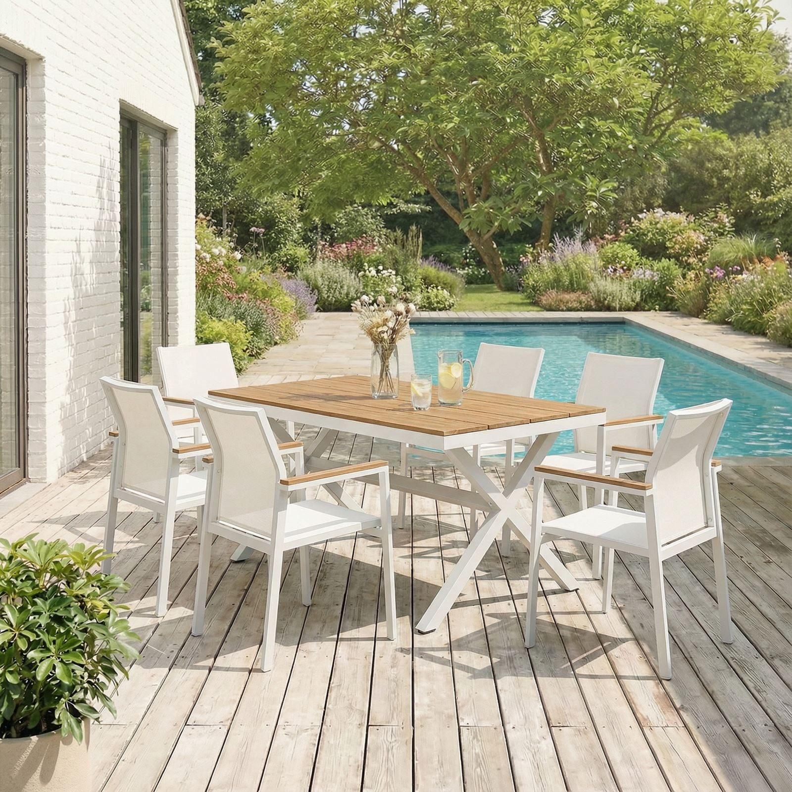 IDIMEX Garten-Essgruppe WINDY, (7-tlg), Gartenmöbel Set 6 Personen aus Alu und WPC wetterfest weiß/beige
