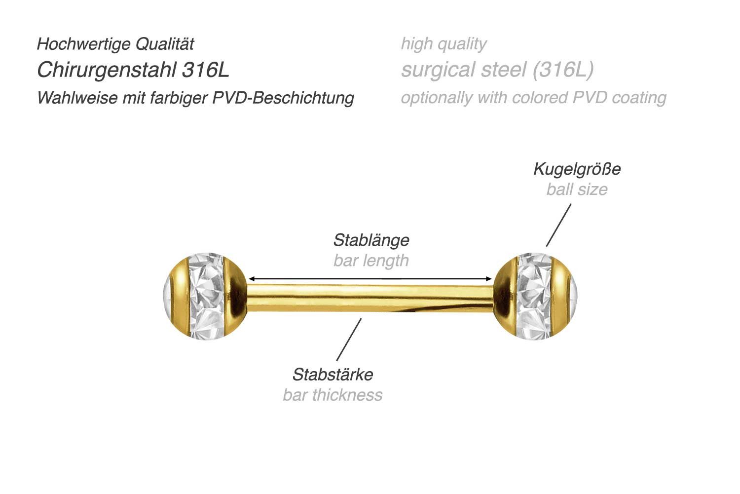 PIERCINGLINE Brustwarzenpiercing Chirurgenstahl Barbell EPOXY-RING-KUGELN + KRISTALLE (Barbells, 1-tlg)