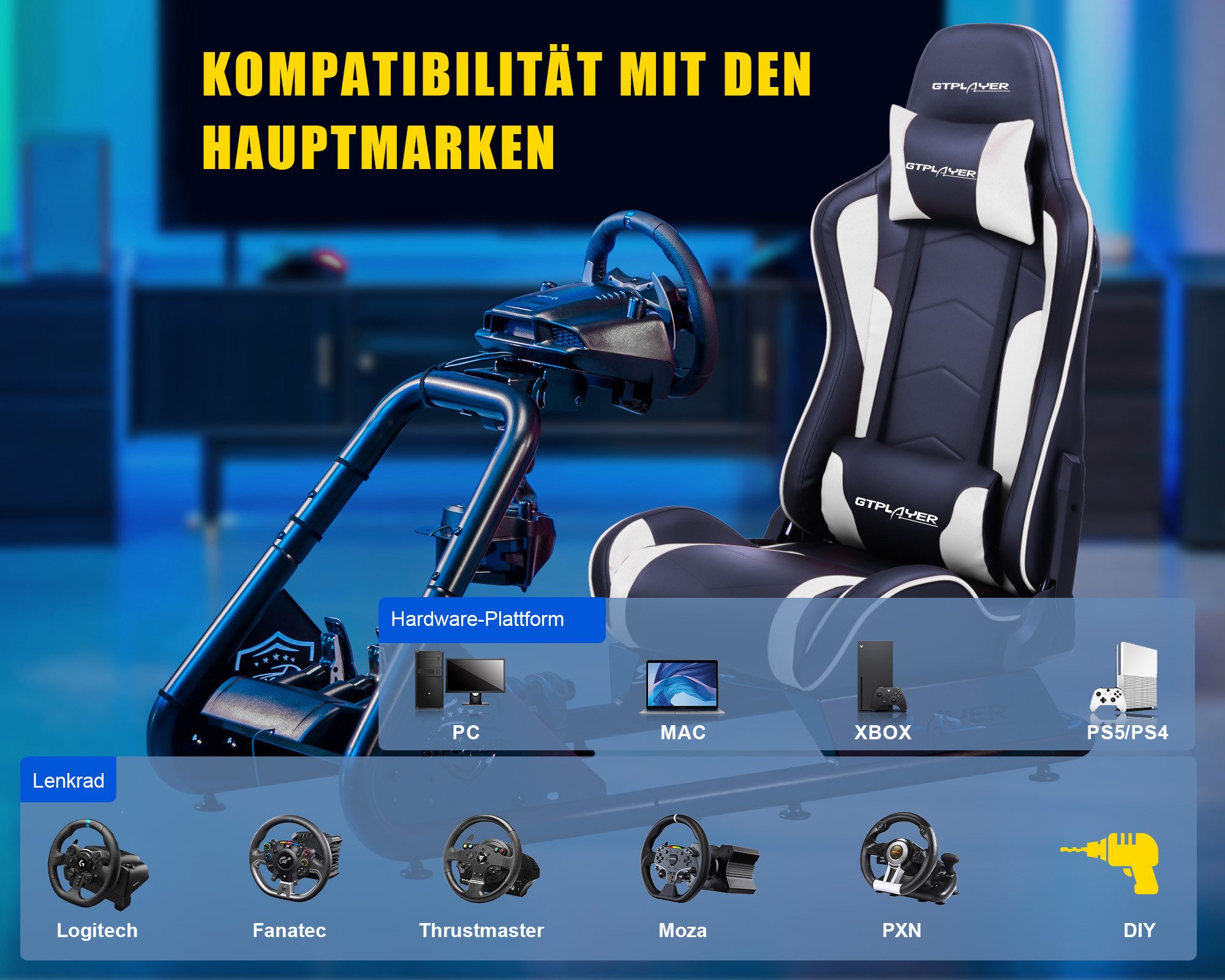 GTPLAYER Simulator Cockpit, sim racing cockpit racing wheel stand Controller (mit Bluetooth-Lautsprecher und Pedalablage)