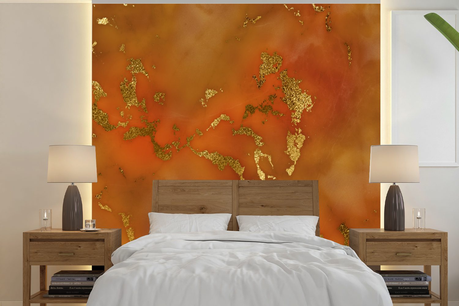 MuchoWow Fototapete Marmor - Gold - Orange, Matt, bedruckt, (5 St), Vinyl Tapete für Wohnzimmer oder Schlafzimmer, Wandtapete
