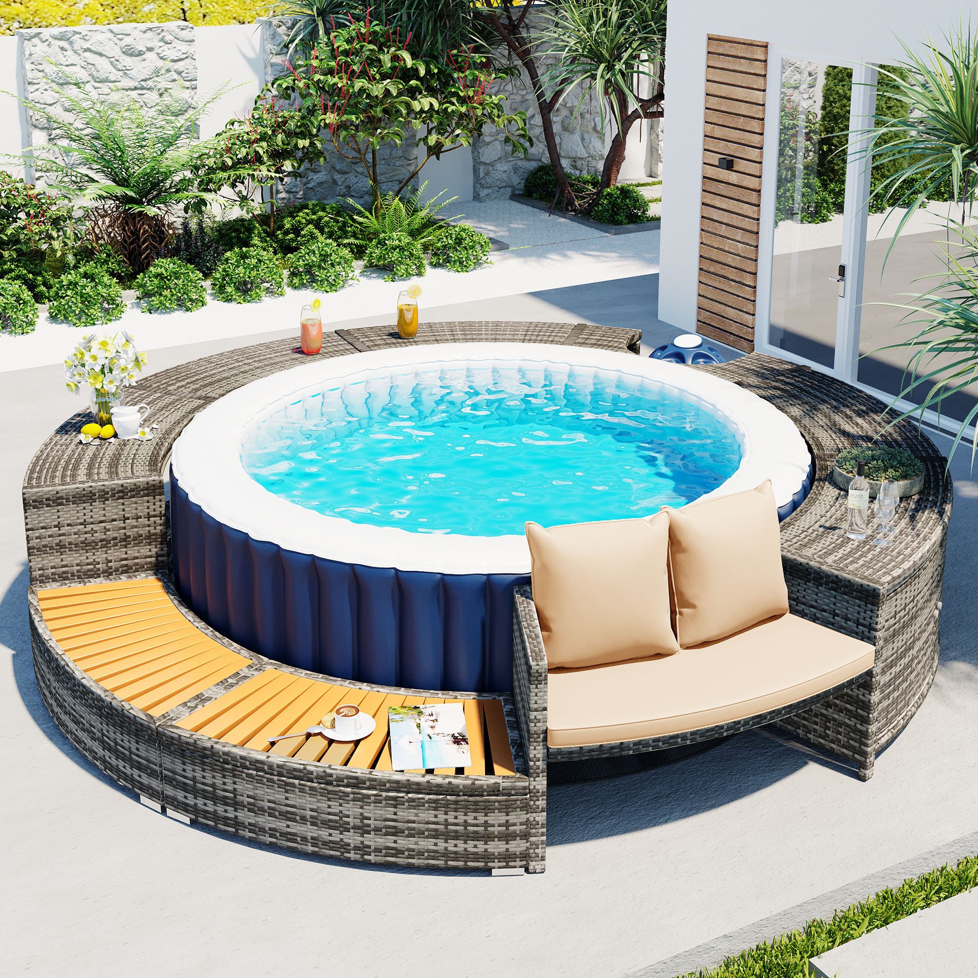 XDOVET Whirlpool Spa-Pool, Poolumrandung, PE-graues Rattan und Akazienholz, Stauraum, Lounge-Set, mit verstellbaren Füßen mit Stauraum