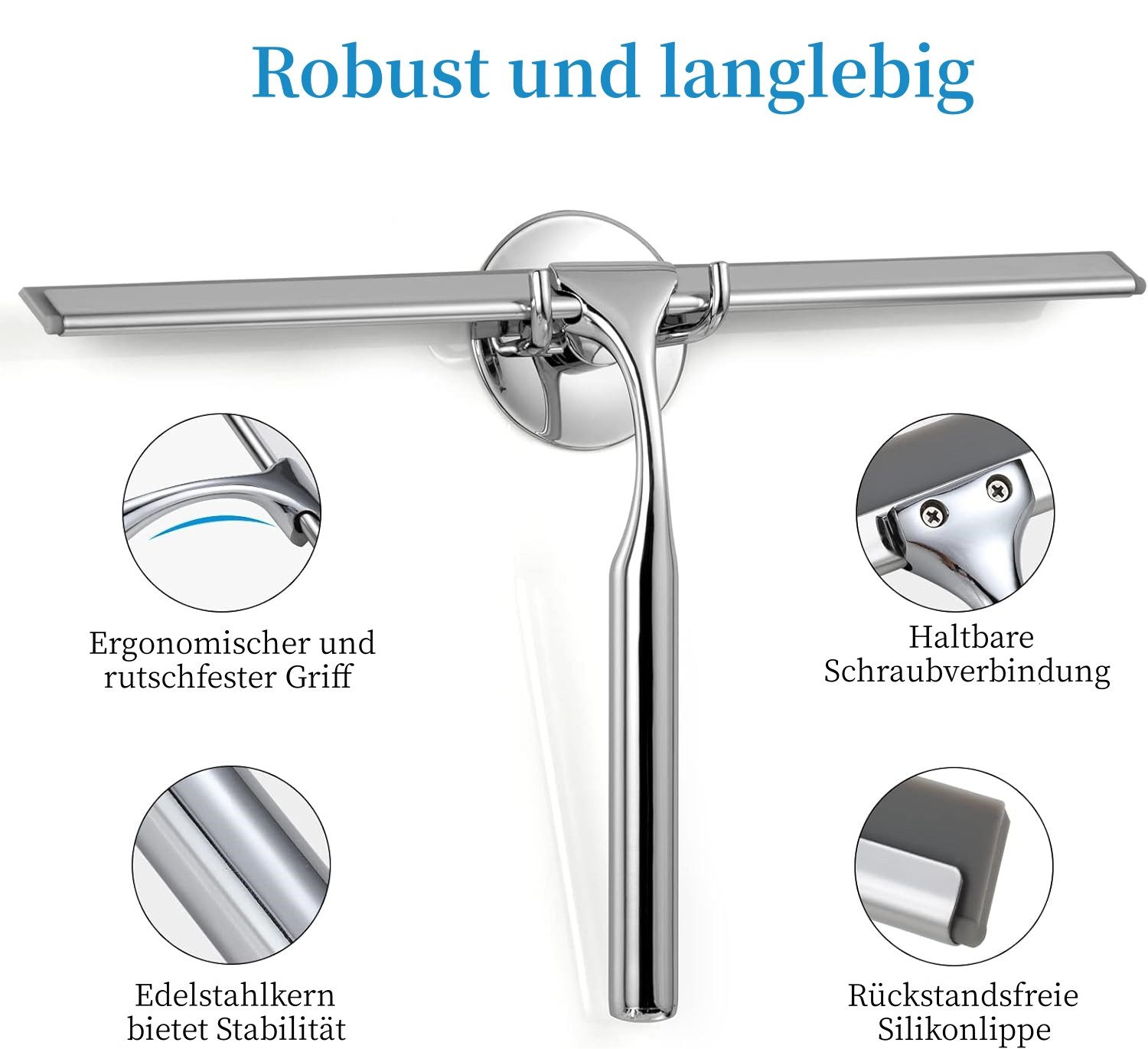 Elegear Duschabzieher aus Edelstahl, 25/30cm Wasserabzieher, Duschwischer ohne Bohren, (Fensterabzieher, 1-St., mit Haken & Silikon Ersatzlipp), Glasschaber mit Haken für Bad/Fenster