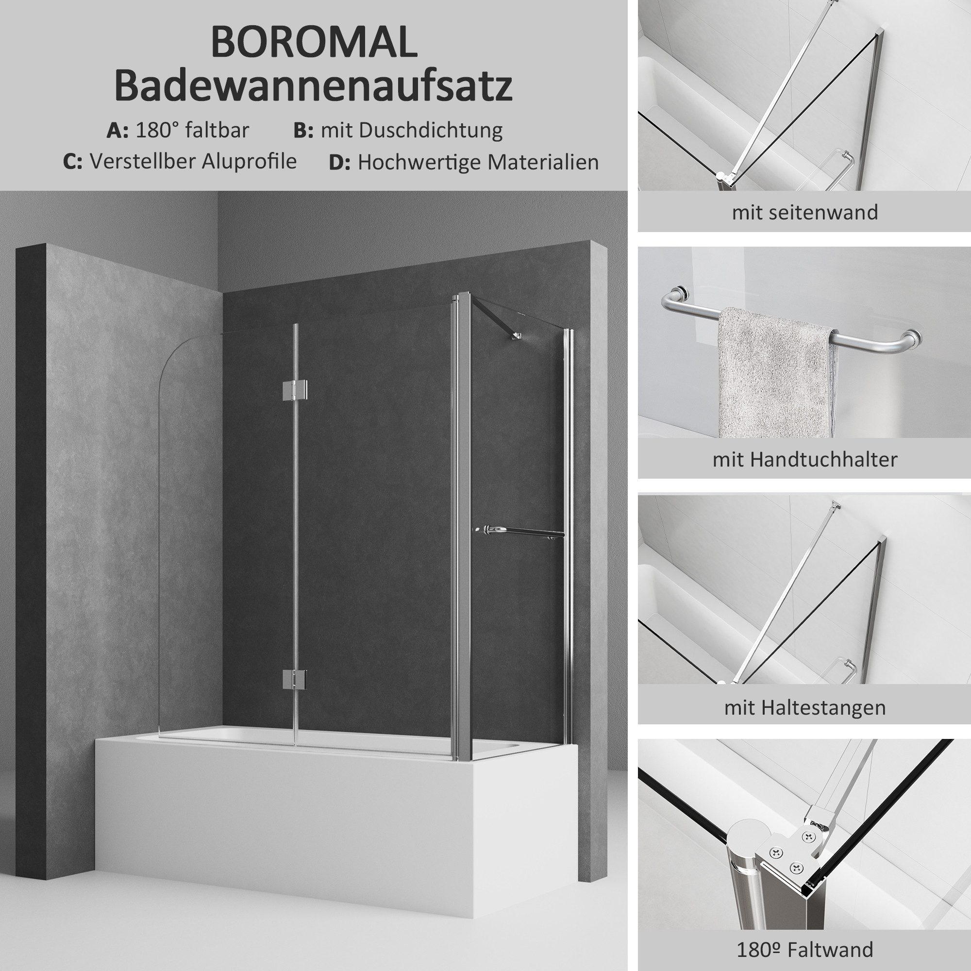 Boromal Badewannenaufsatz Badewannenaufsatz mit Seitenwand Handtuchhalter günstig online kaufen