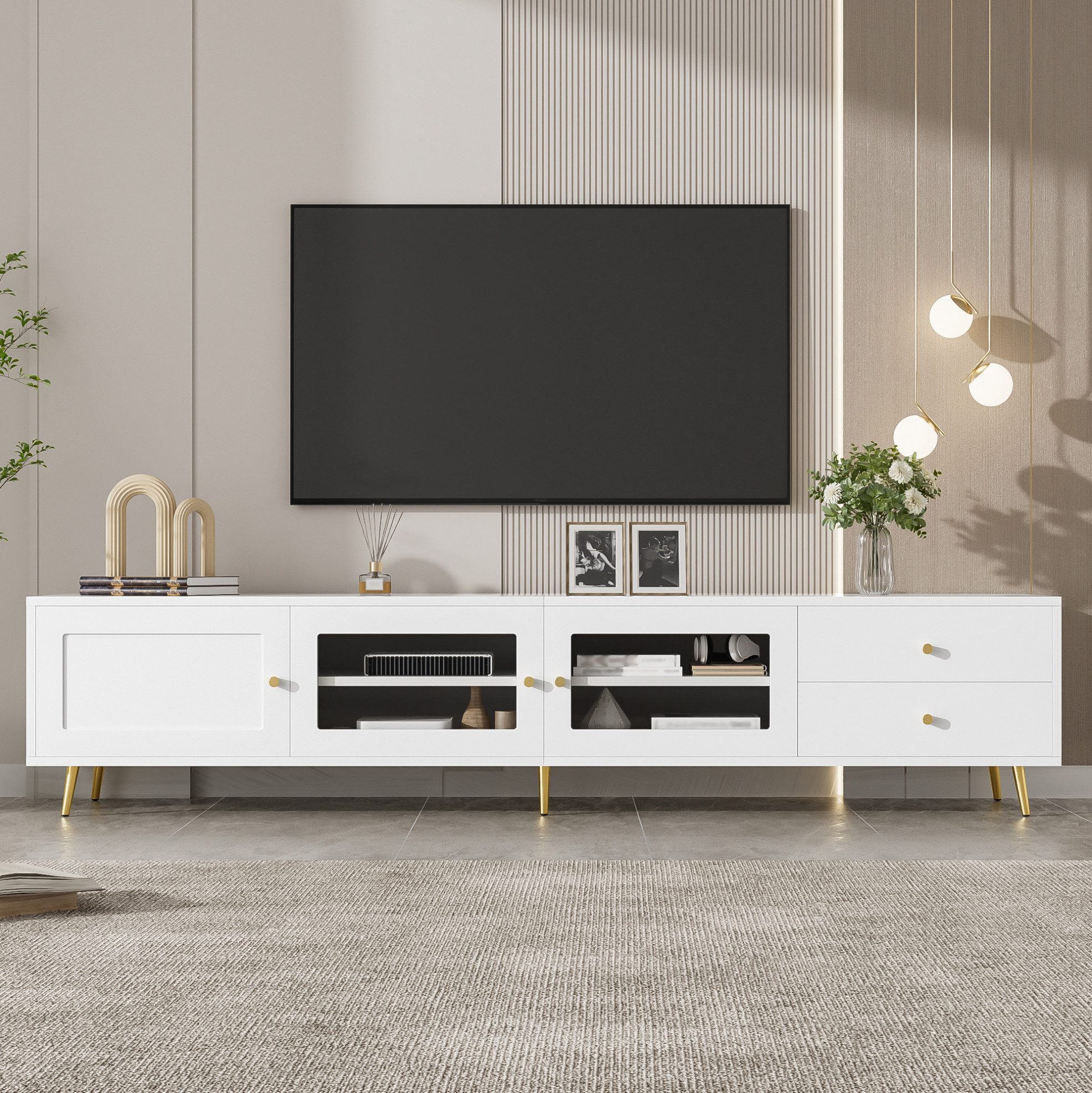 REDOM TV-Schrank TV-Sideboard, Lowboard mit 2 Schubladen, 2 Glastüren und Schranktür (170×40×28 cm, großzügiger Stauraum mit höhenverstellbaren, Fernsehschrank, Fernsehtisch)