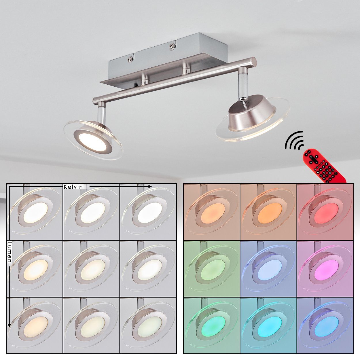 hofstein Deckenleuchte »Strove« dimmbare Kelvin, Deckenlampe Watt, Lumen, 400 Metall/Kunststoff RGB 3 Farbwechsler 2x 4, in Nickel-matt, aus LED u. CCT 2700-5000 Fernbedienung