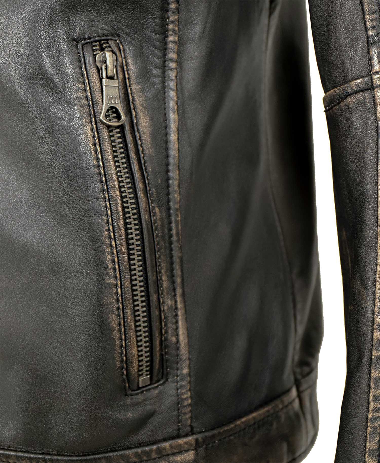 Lederjacken24 Lederjacke Herren Lederjacke Lammnappa Bikerjacke Kapuze schwarz-beige