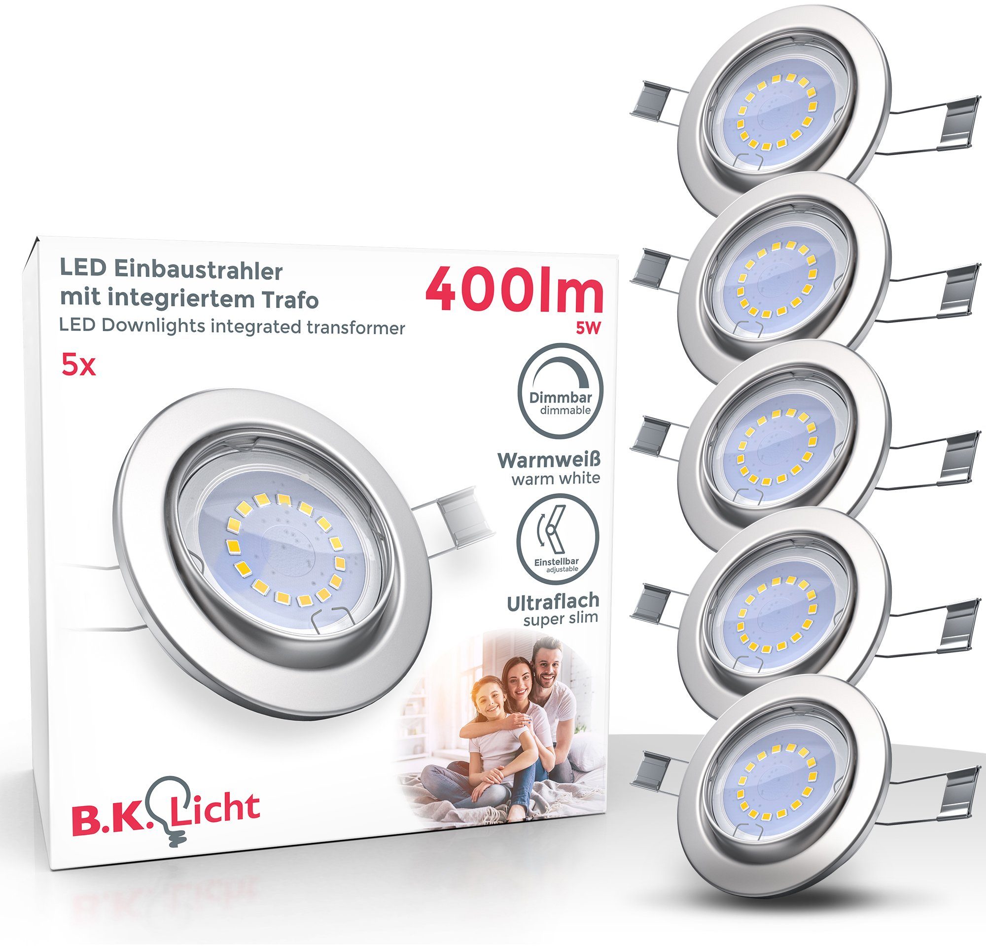 B.K.Licht LED Einbaustrahler BKL1075, Leuchtmittel wechselbar, Warmweiß,  5er Set dimmbare LED Einbauleuchten, schwenkbar, inkl. 5x 5W GU10 400 Lumen  Leuchtmittel, 3.000K warmweißes Licht, IP23, Einbauspots, Deckenstrahler  Nickel-matt