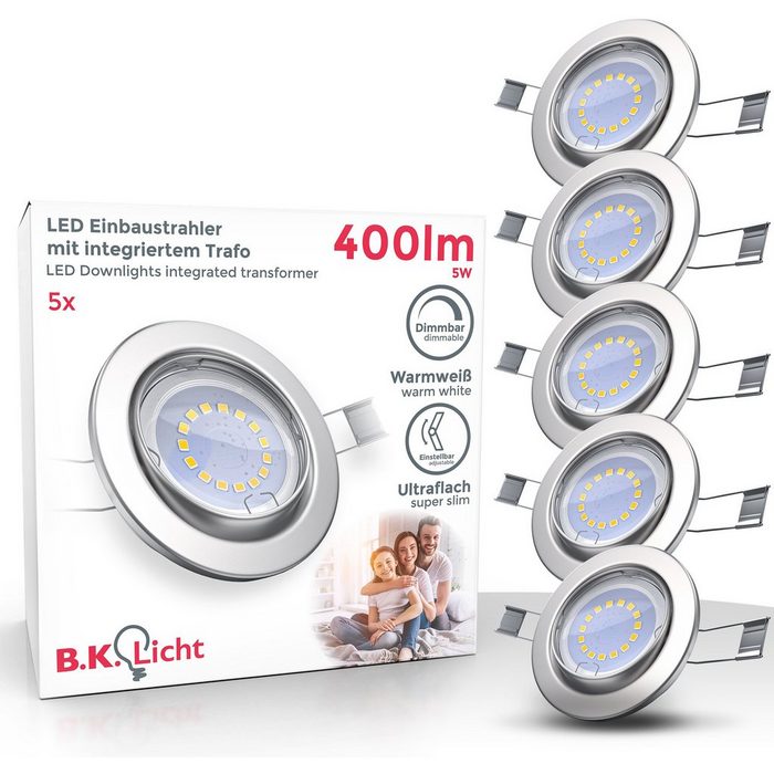 B.K.Licht LED Einbauleuchte LED wechselbar Warmweiß LED Einbaustrahler dimmbar ohne Dimmer GU10 inkl. 5W 400lm 5er SET