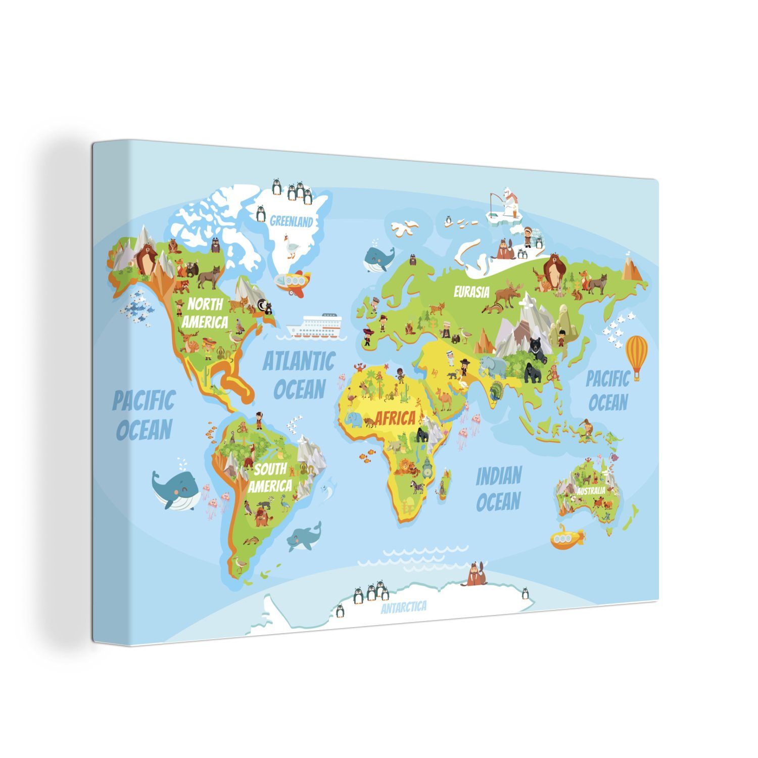 OneMillionCanvasses® Leinwandbild Weltkarte - Kinder - Tiere, (1 St), Wandbild Leinwandbilder, Aufhängefertig, Wanddeko, 30x20 cm
