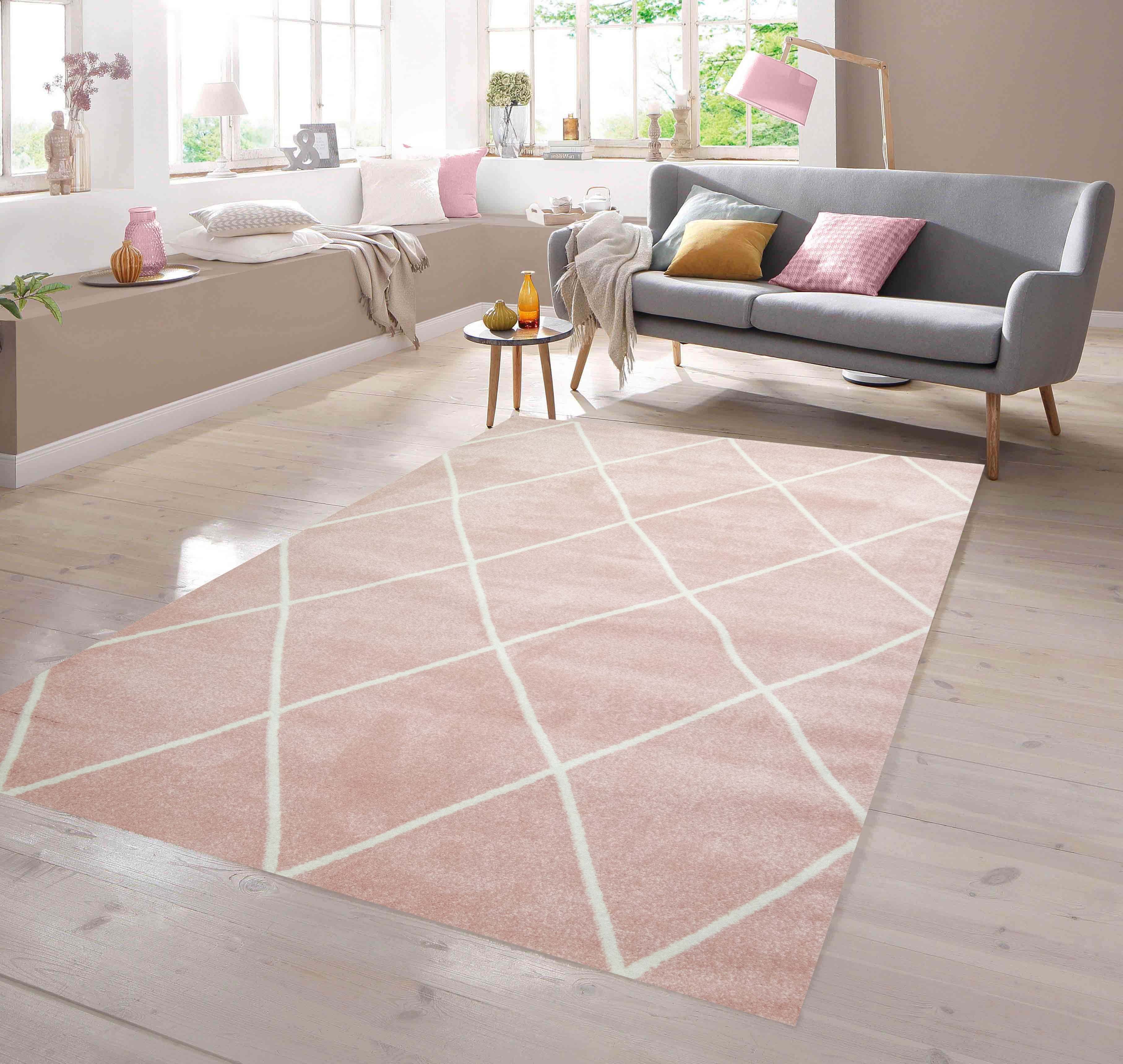 Teppich Teppich Skandinavischer Stil Rautenmuster rosa creme weiß,  TeppichHome24, rechteckig