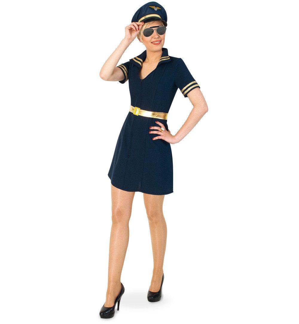 Kostüm Pilotin Stewardess Kostüm Kleid mit Gürtel Blau Karneval Fasching