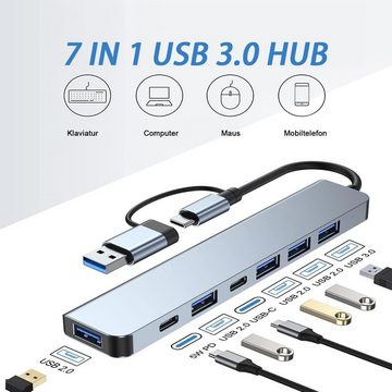 HYTIREBY USB C Hub 3.0, 7 in 2 Multiport Typ C Hub Adapter mit 1 USB 3.0 USB-Adapter, 4 2.0 USB Kompatibel mit MacBook Air/Pro, iPad Pro, Windows