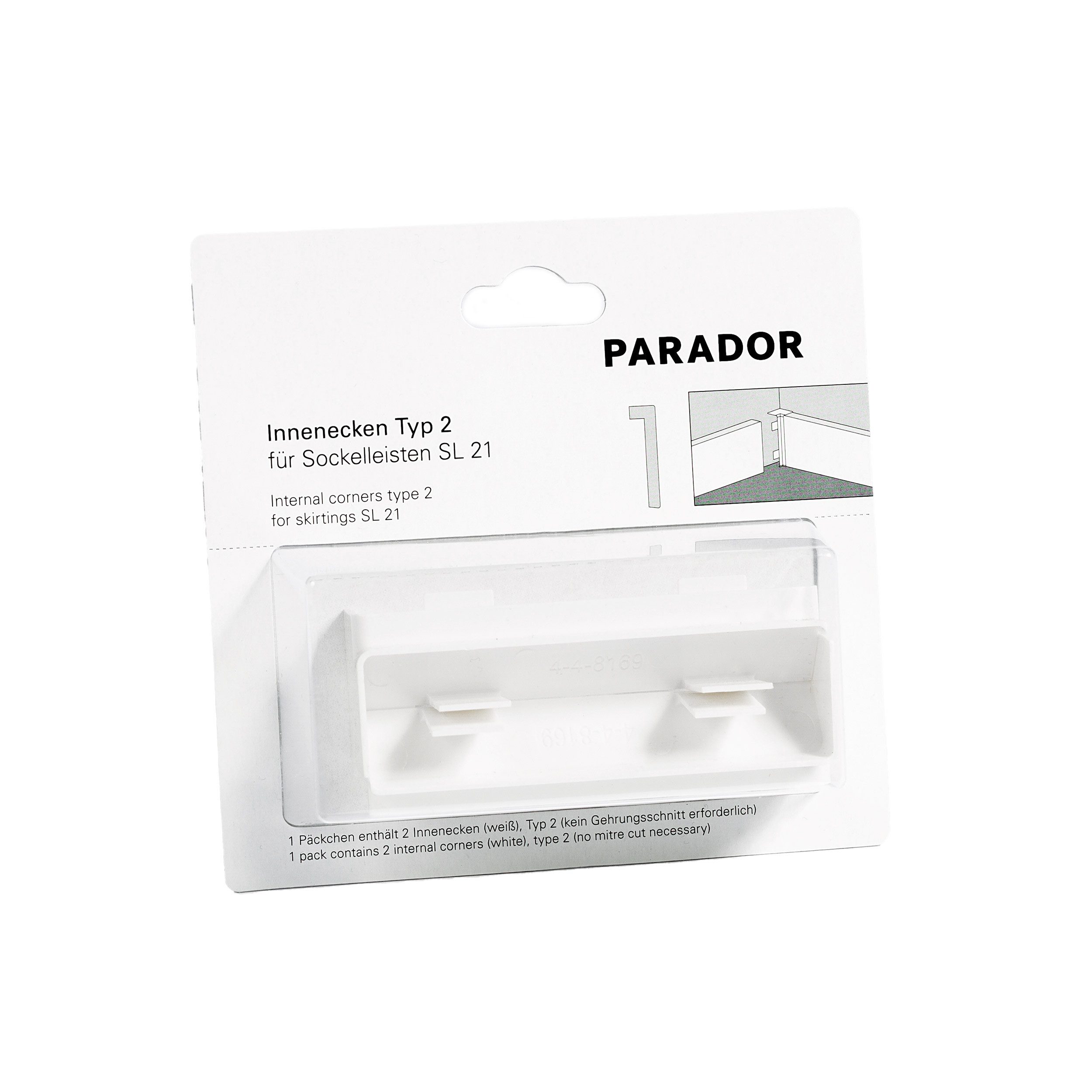PARADOR Sockelleisten-Innenecke Typ 2 für Sockelleisten SL 21, L: 15 cm, H: 4 cm, Für eine optimale und saubere Innenecke, 1-St., Kein Gehrungsschnitt erforderlich, Auf die Sockelleiste SL 21 abgestimmt