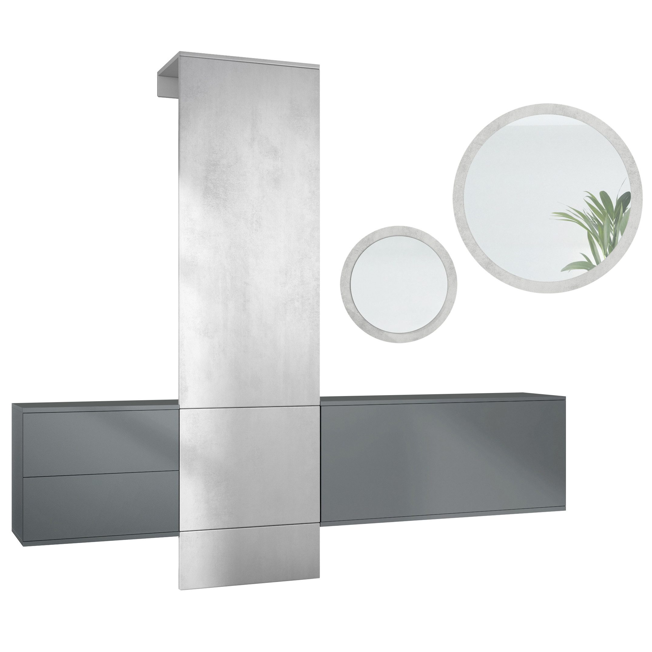 Vladon Шкафы-Set DualVista, (Garderoben-Set, bestehend aus 1 Шкафыpaneel, 2 Schrank Elementen und 2 Spiegel), Anthrazit matt/Beton Oxid Optik