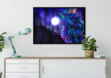 Pixxprint Leinwandbild Abstrakter Wolf mit Mond, Wanddekoration (1 St), Leinwandbild fertig bespannt, in einem Schattenfugen-Bilderrahmen gefasst, inkl. Zackenaufhänger