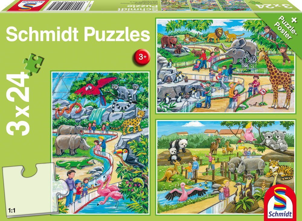 Schmidt Spiele GmbH Puzzle 3 x 24 Teile Schmidt Spiele Kinder Puzzle Ein  Tag im Zoo 56218, 24 Puzzleteile