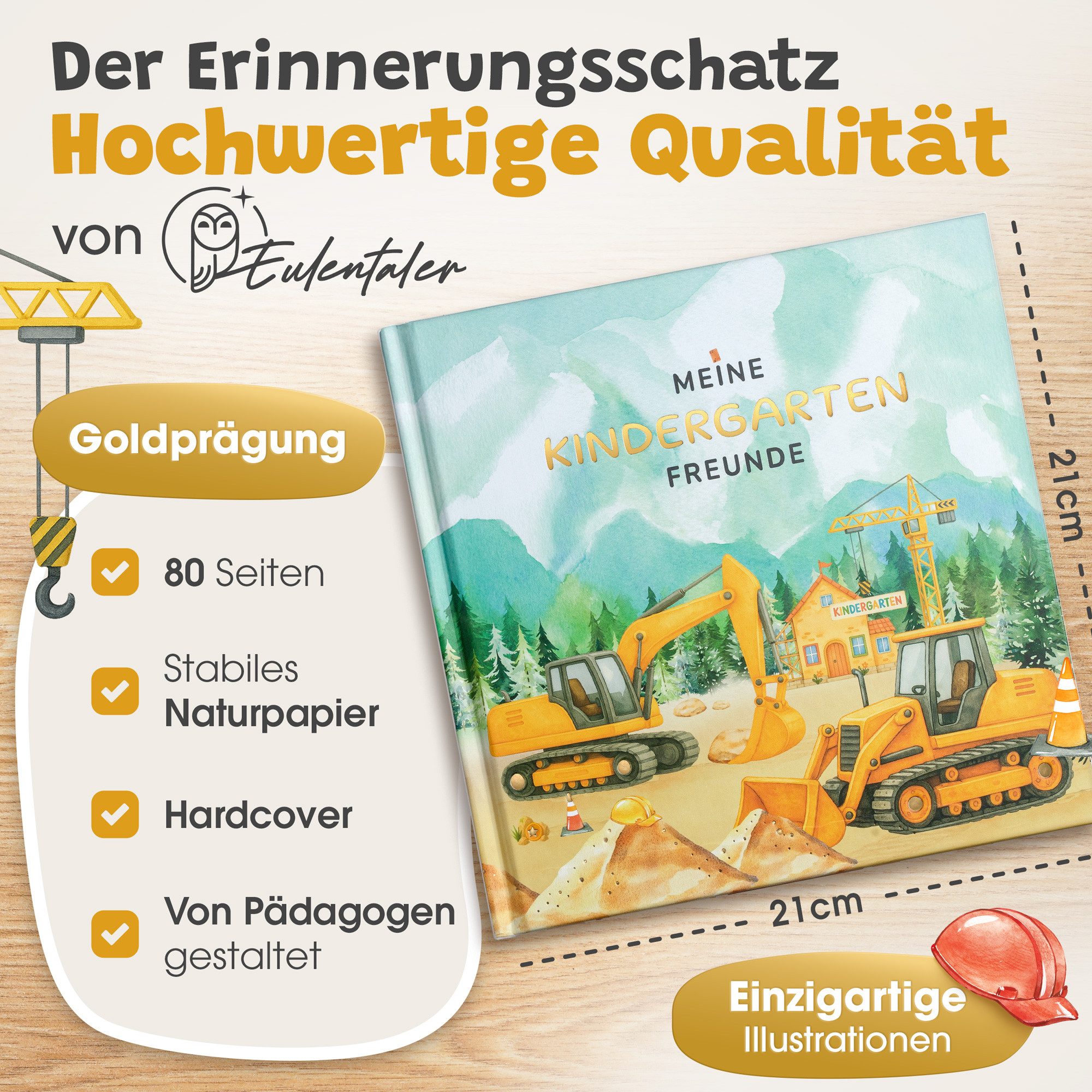 Eulentaler Freundebuch Kindergarten Baumaschinen & Bagger I Von Erzieherinnen gestaltet I + Goldprägung, Handgemalte Illustrationen I Kinderfreundliche Gestaltu – Bild 2 von 5