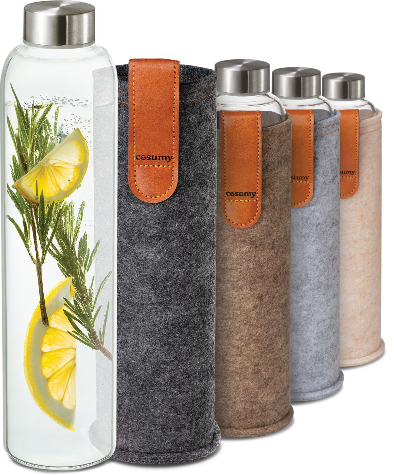 Trinkflasche 750ml mit Filzhülle - Robustes Borosilikatglas - Auslaufsicher