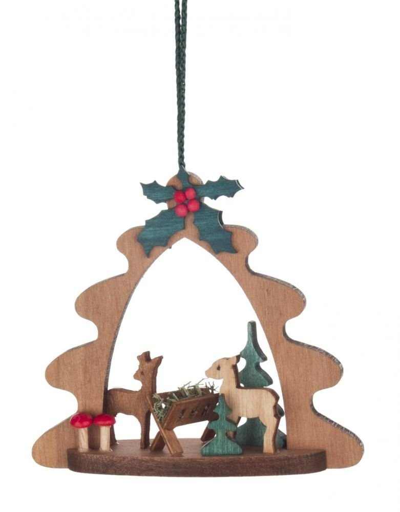 Dregeno Erzgebirge Christbaumschmuck Baumbehang Futterkrippe BxHxT 70x70x10mm NEU, mit Faden zum aufhängen und Rehen